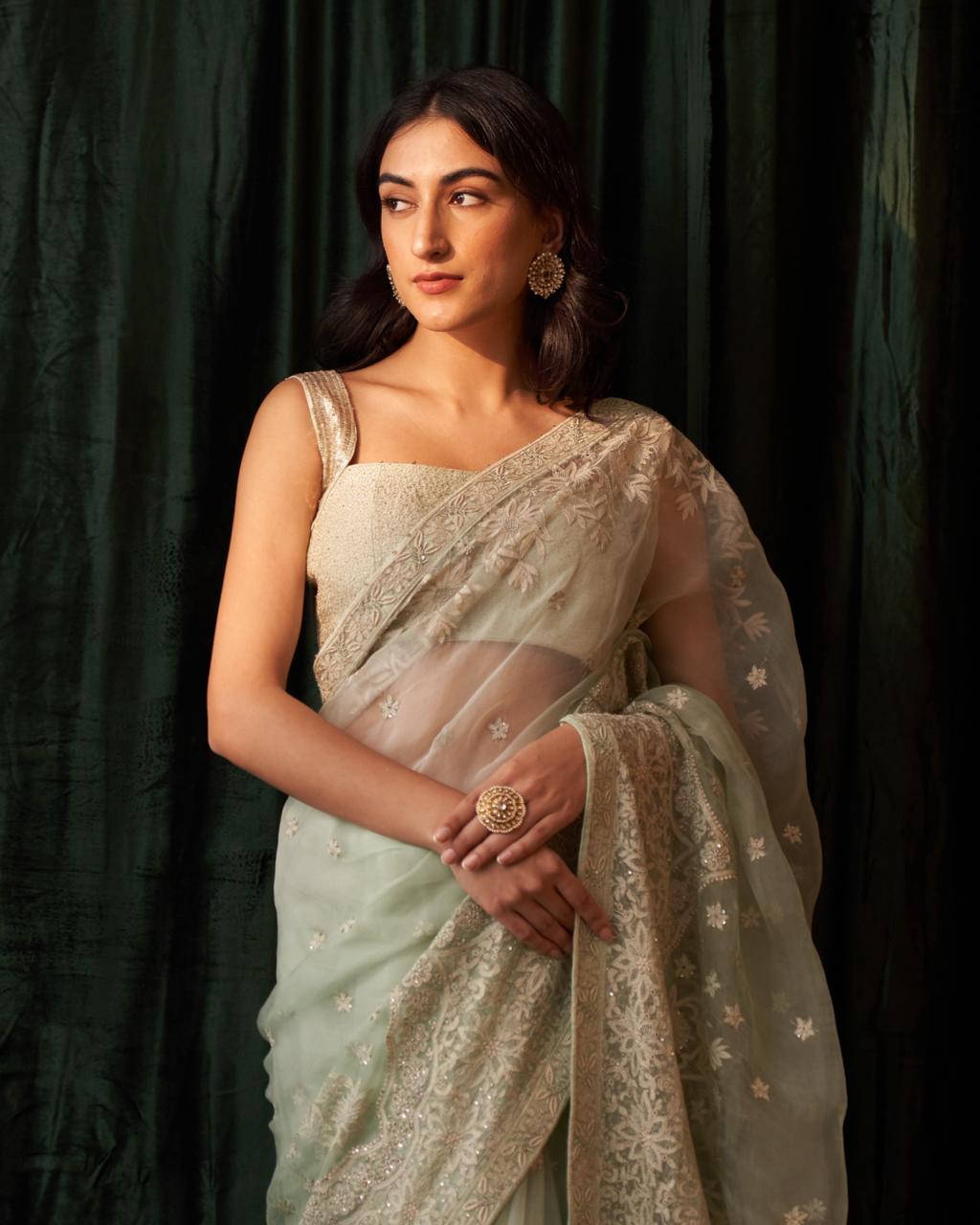 Green Organza Chikankari Saree