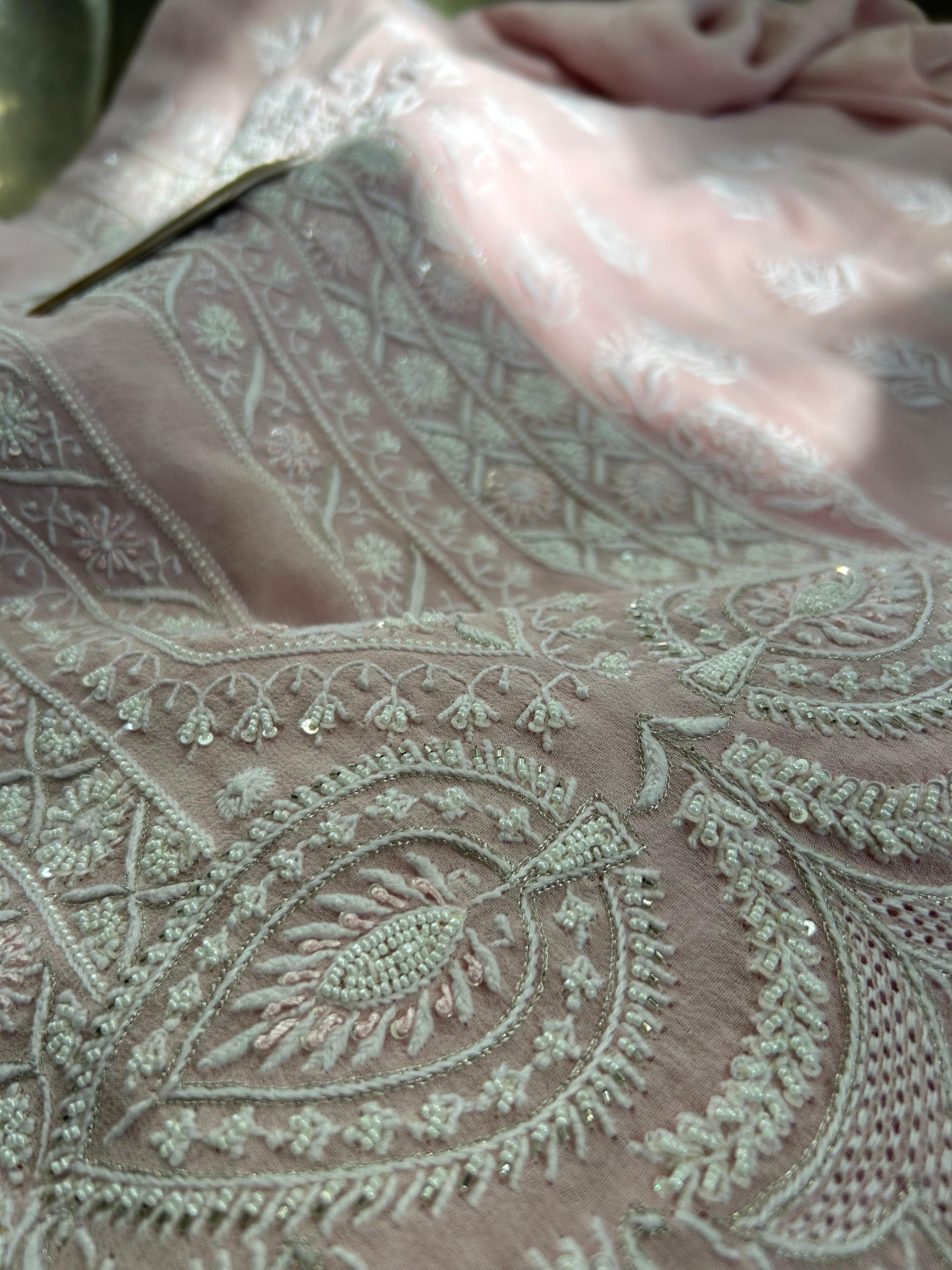 Pink Georgette Chikankari Mens Kurta