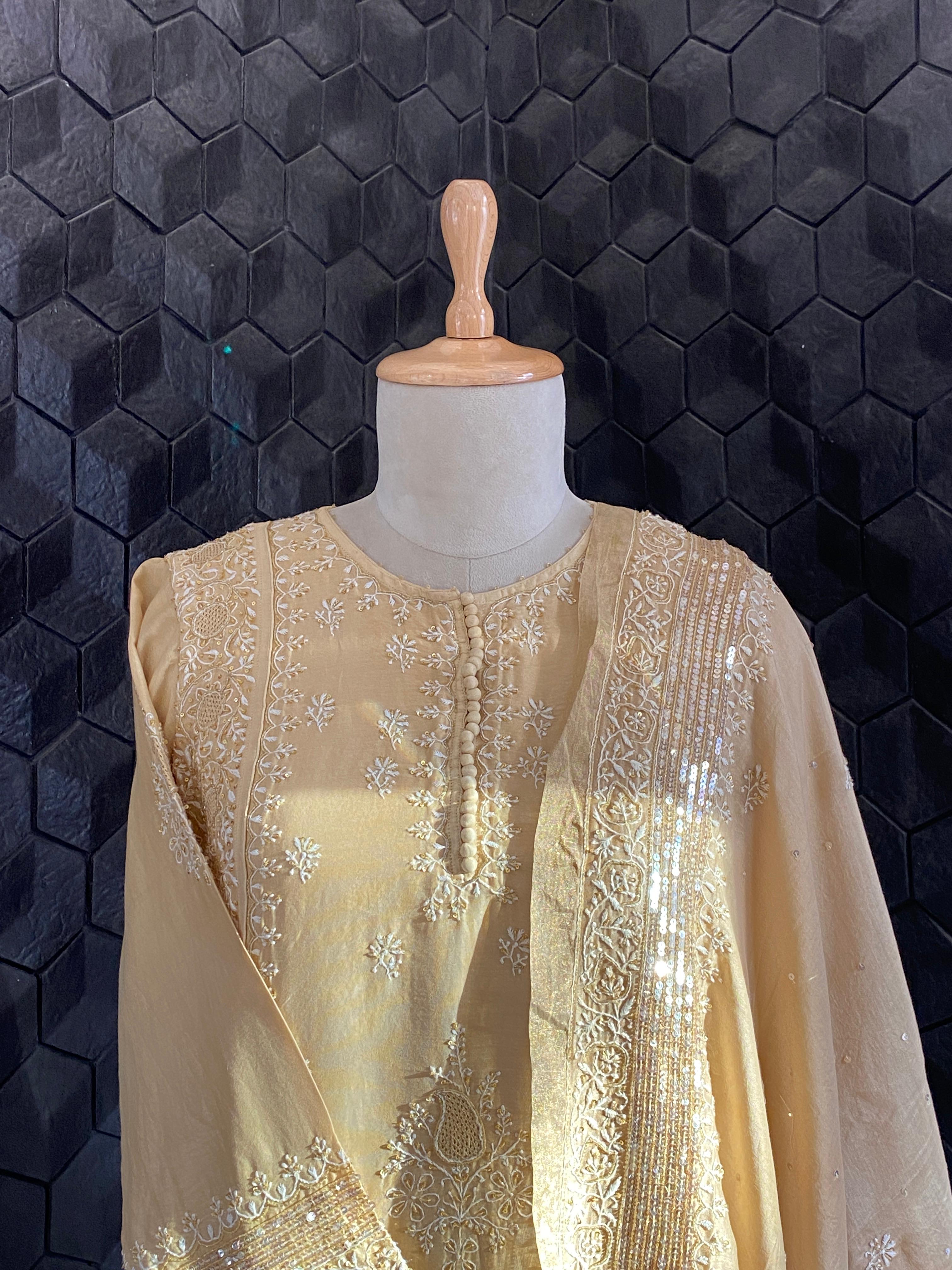 Gold Chanderi Chikankari Anarkali Set