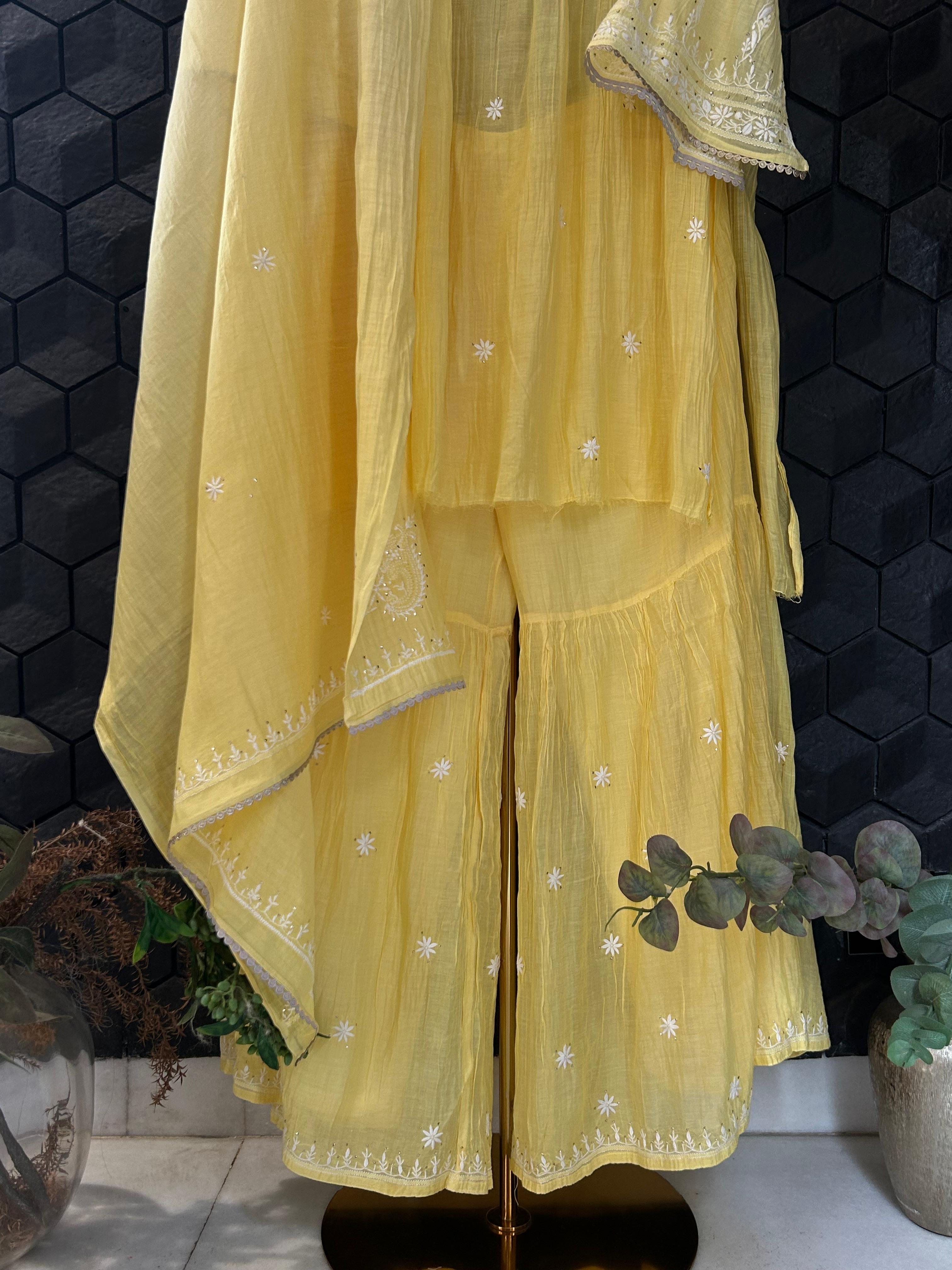 Yellow Mul Chanderi Chikankari Mukaish Sharara Set