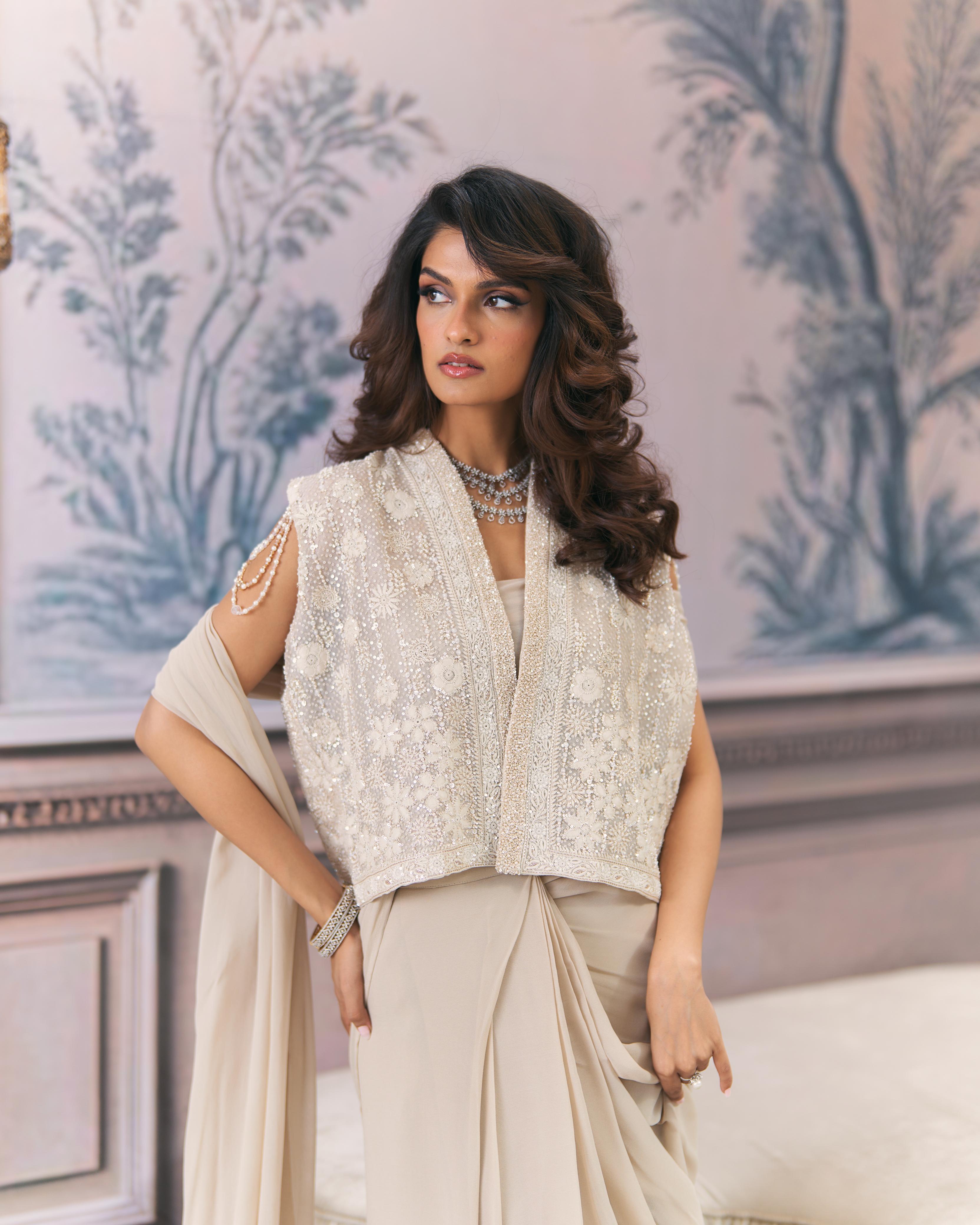 Pre-draped Saree & Chikankari Jacket Set