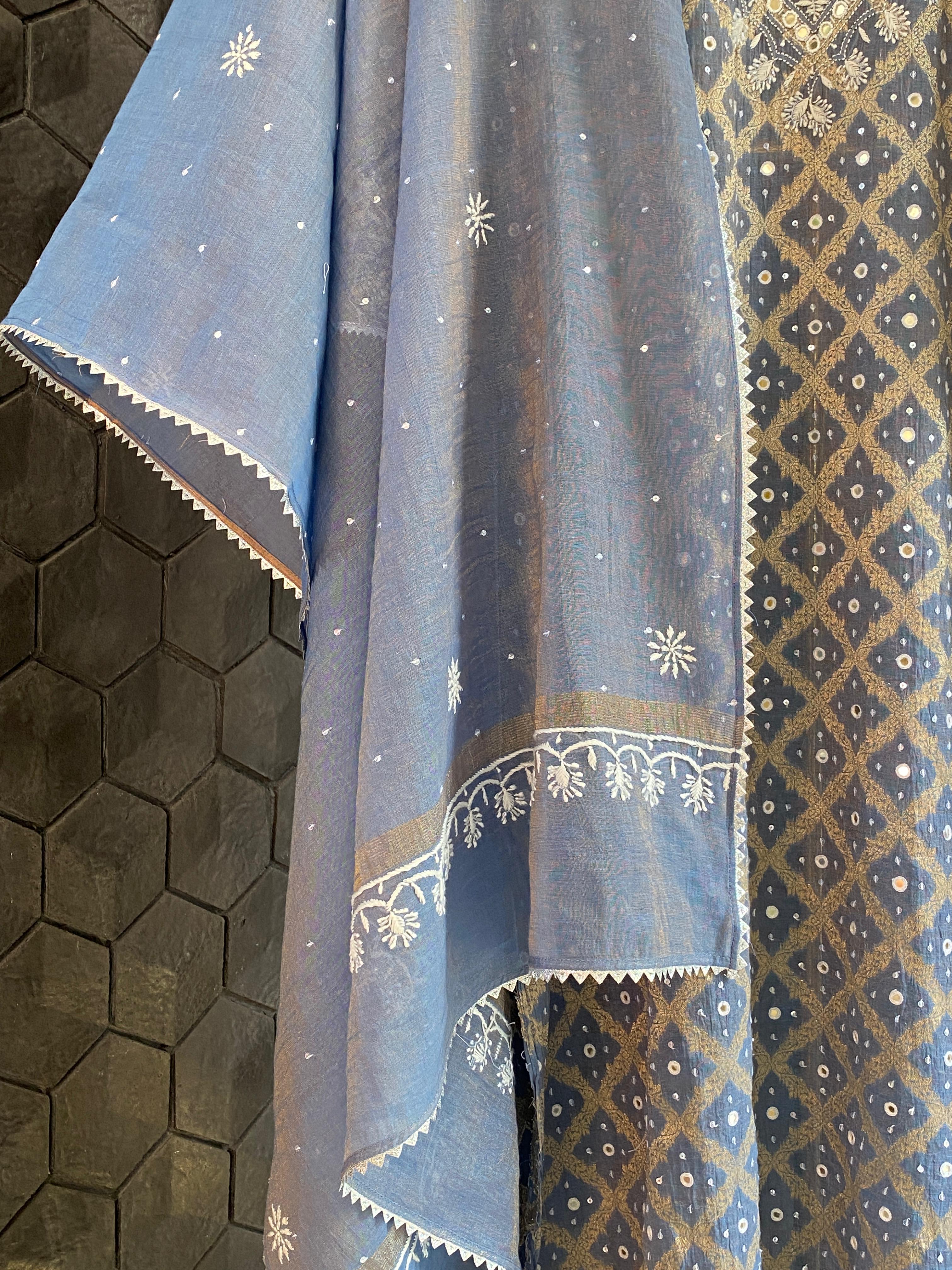 Purple golden tissue chikankari kurta set