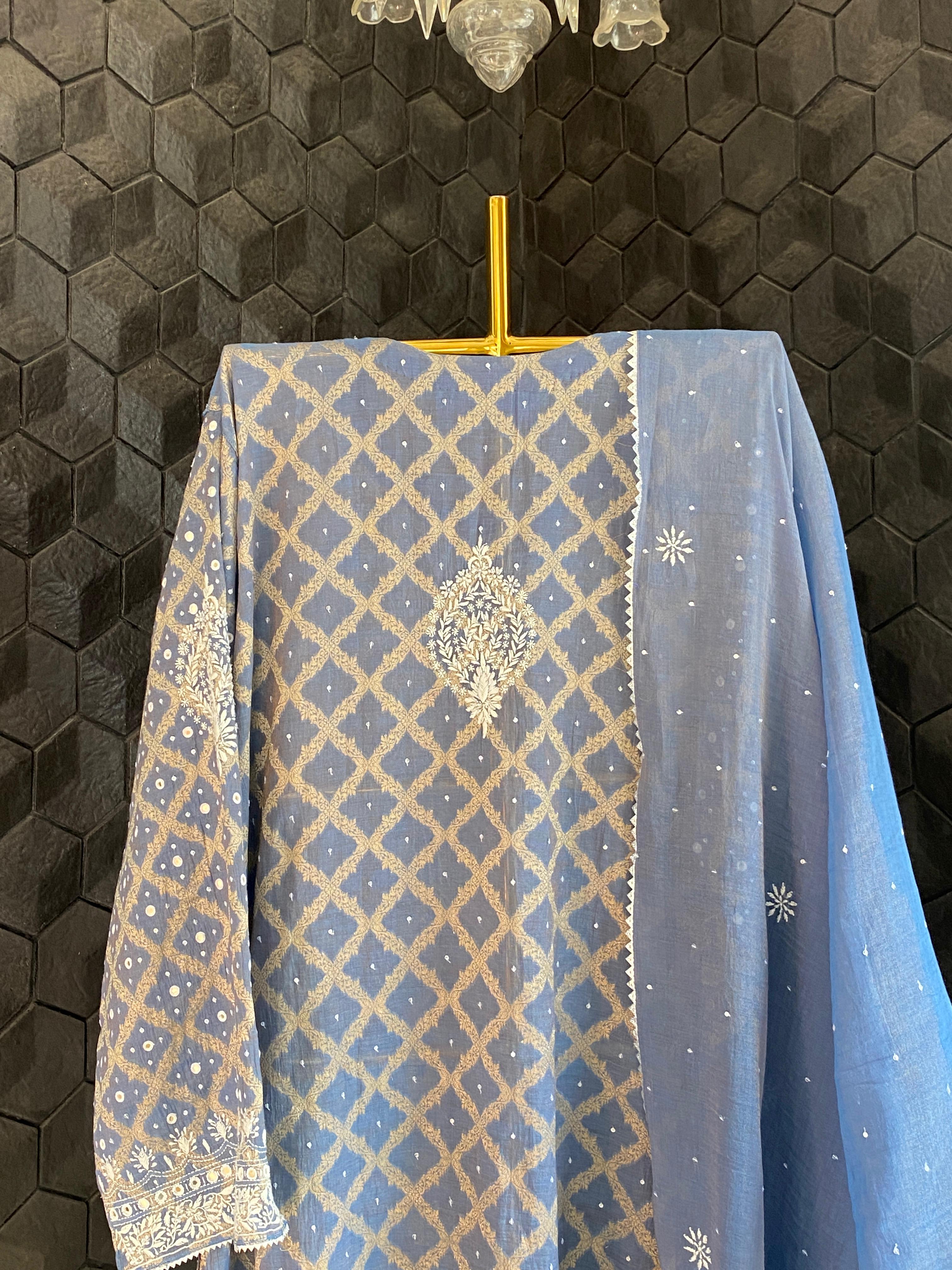 Purple golden tissue chikankari kurta set