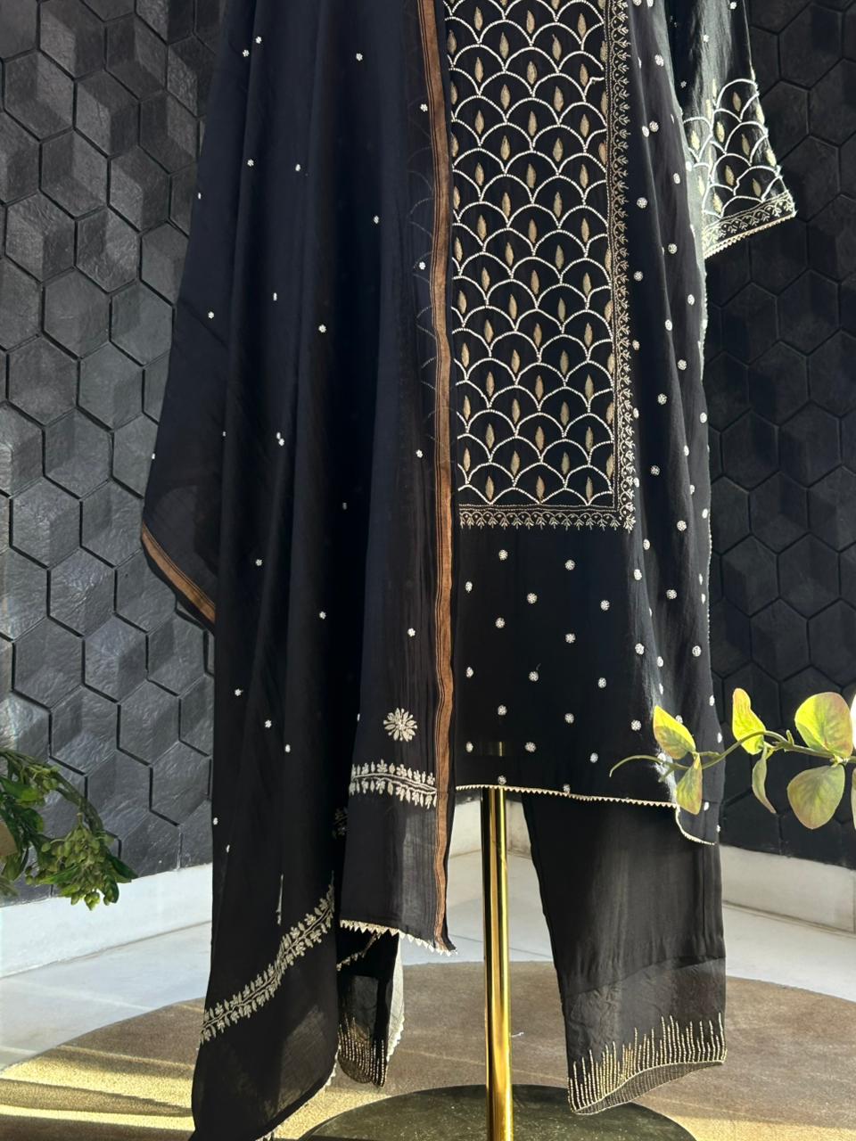 Black Mul Chanderi Chikankari Suit Set