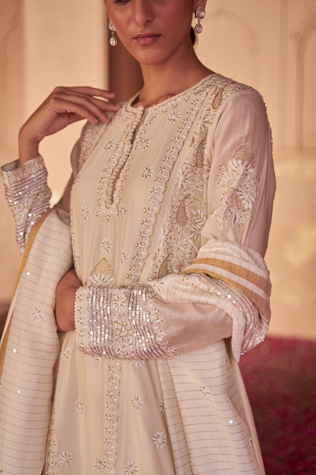 White Maheshwari Chanderi Chikankari Anarkali Set