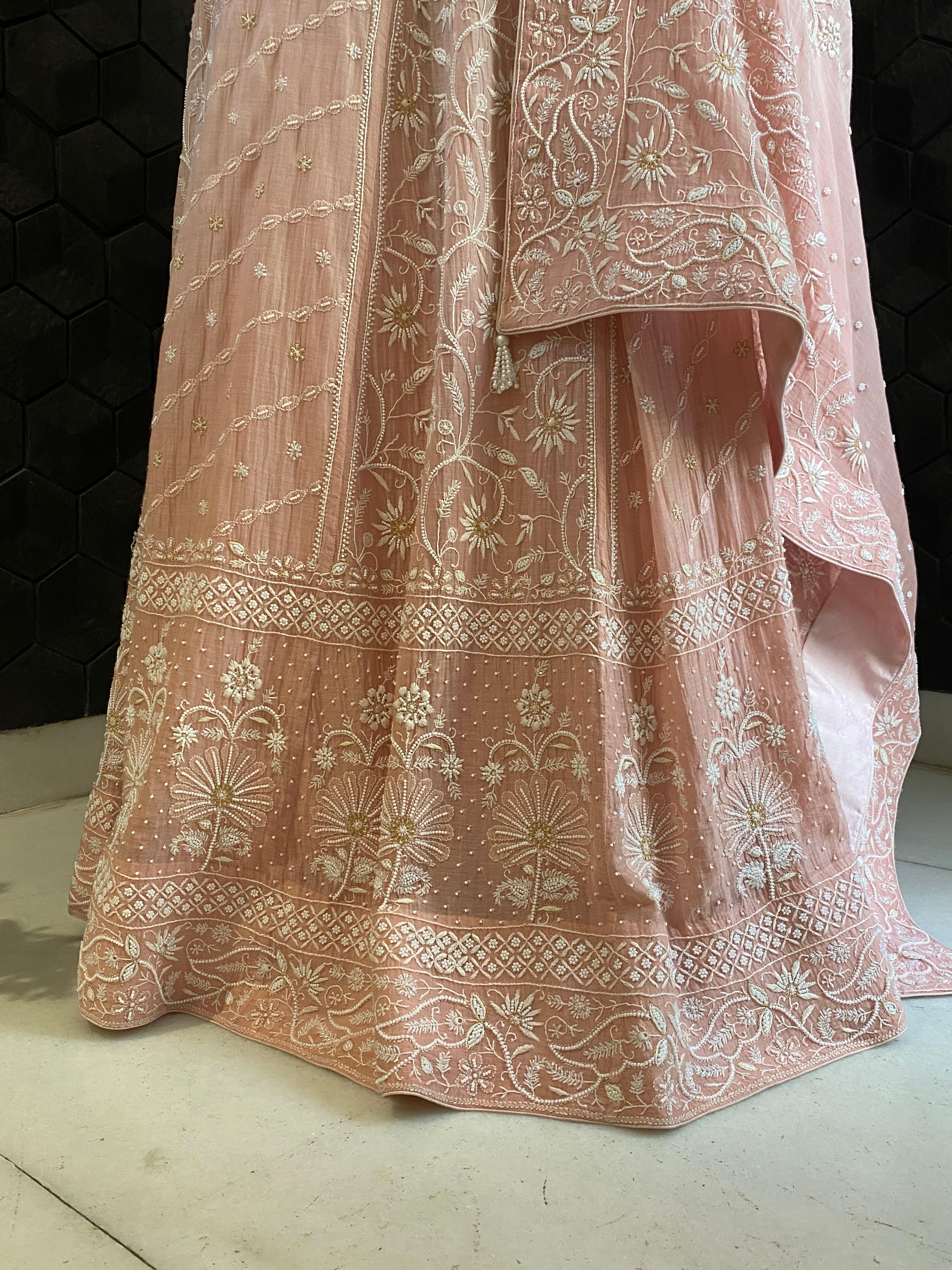 Pink Ombre Mul Chanderi Chikankari Lehenga Set