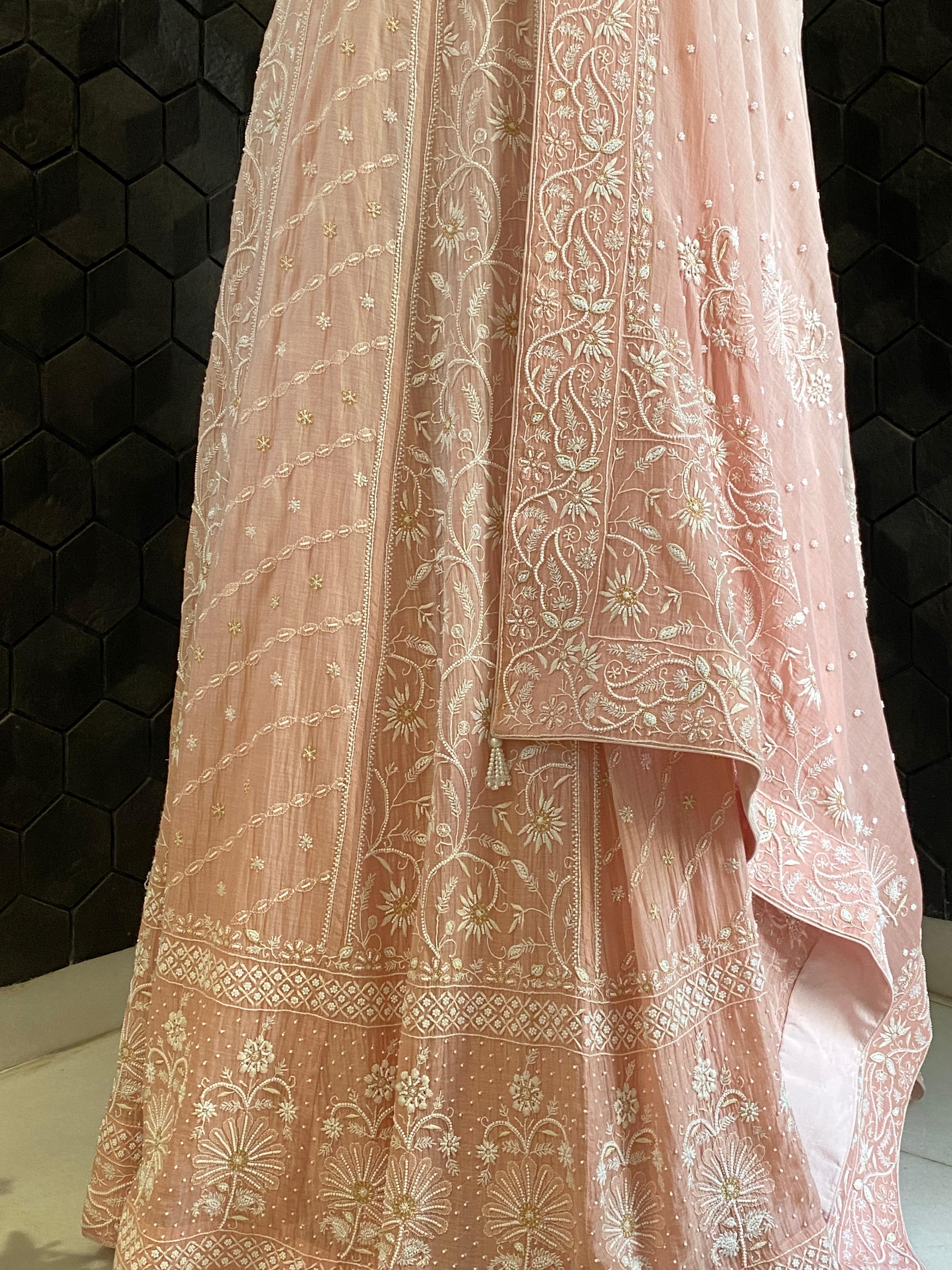 Pink Ombre Mul Chanderi Chikankari Lehenga Set