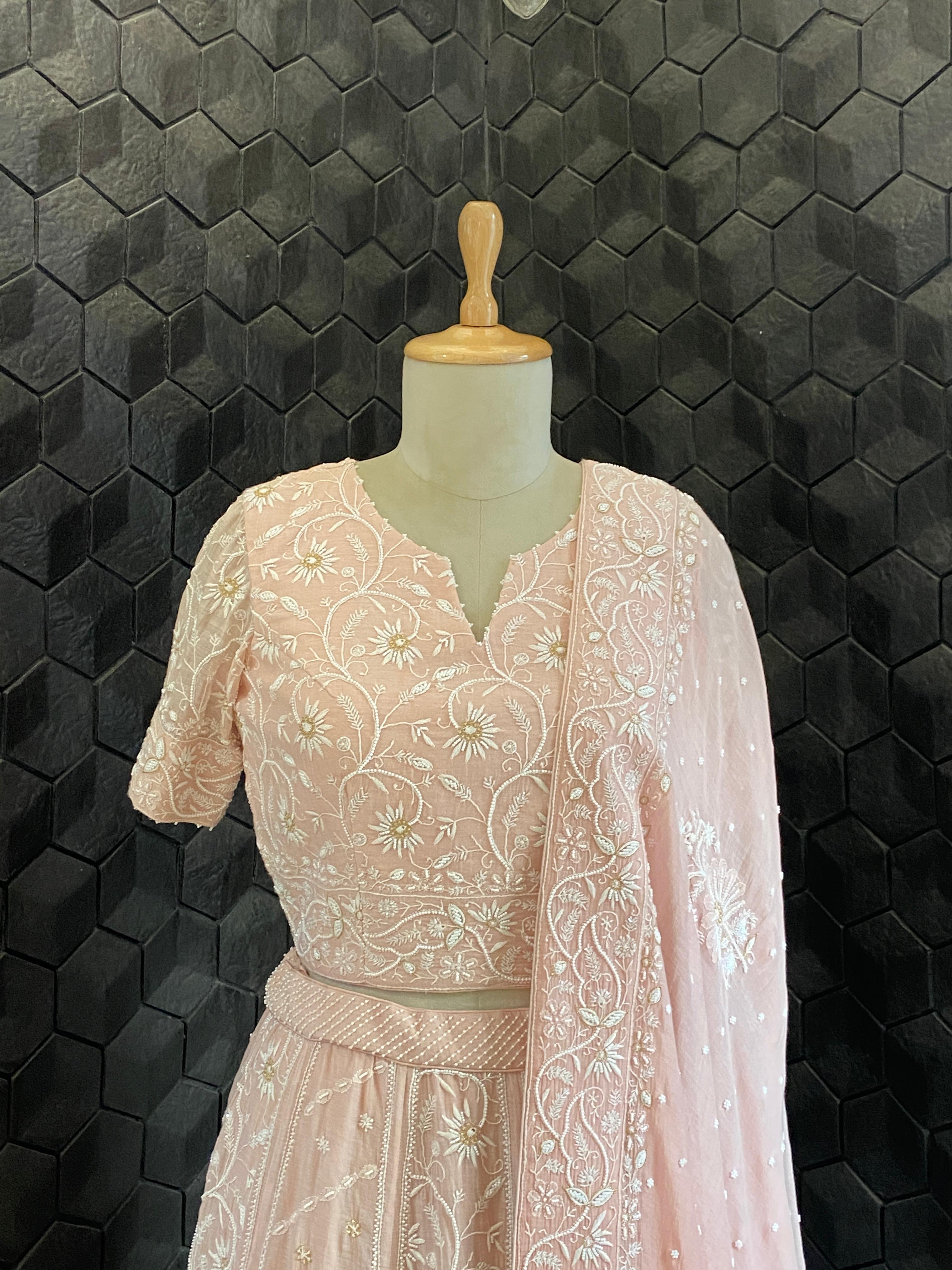 Pink Ombre Mul Chanderi Chikankari Lehenga Set
