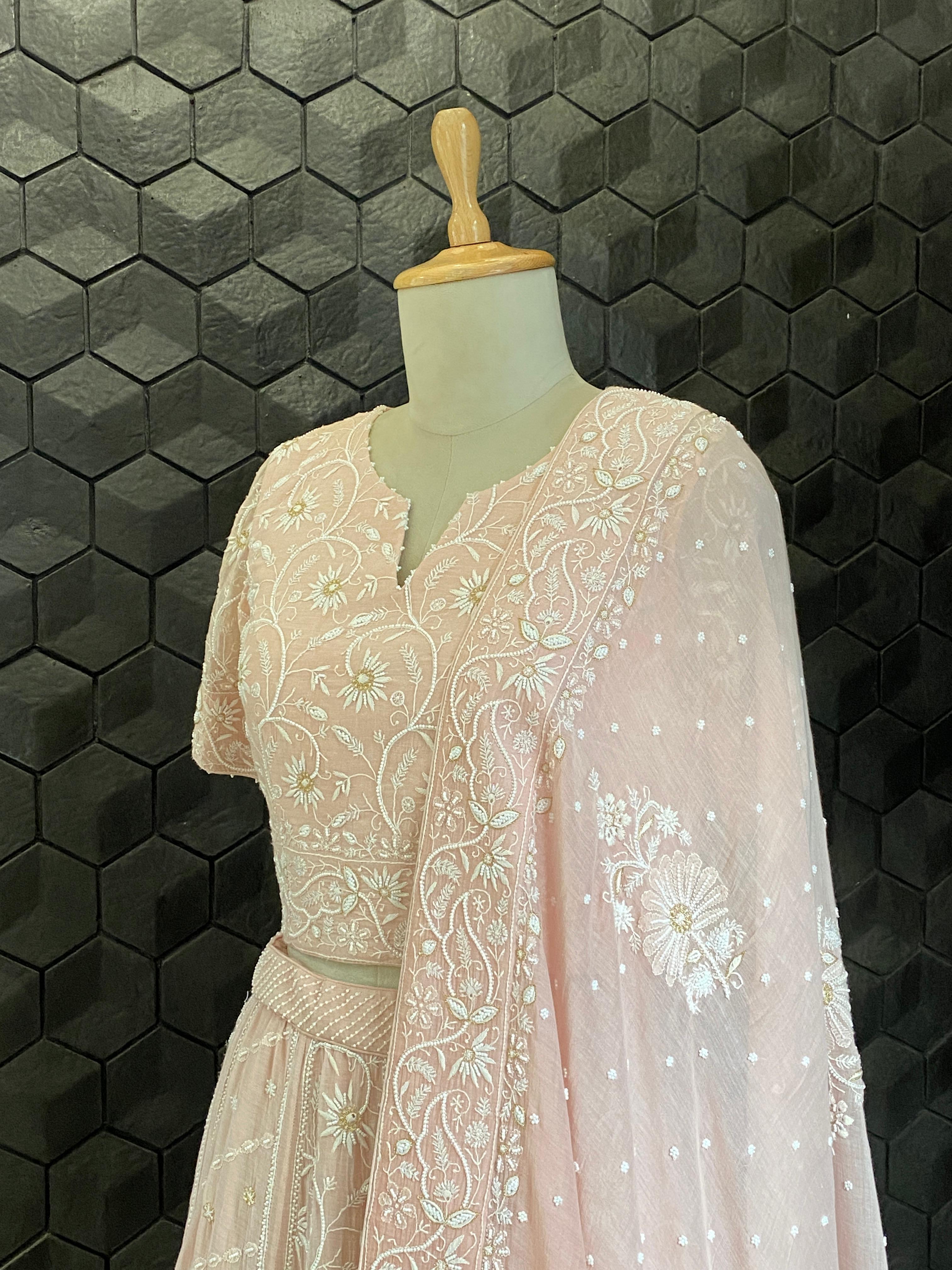 Pink Ombre Mul Chanderi Chikankari Lehenga Set