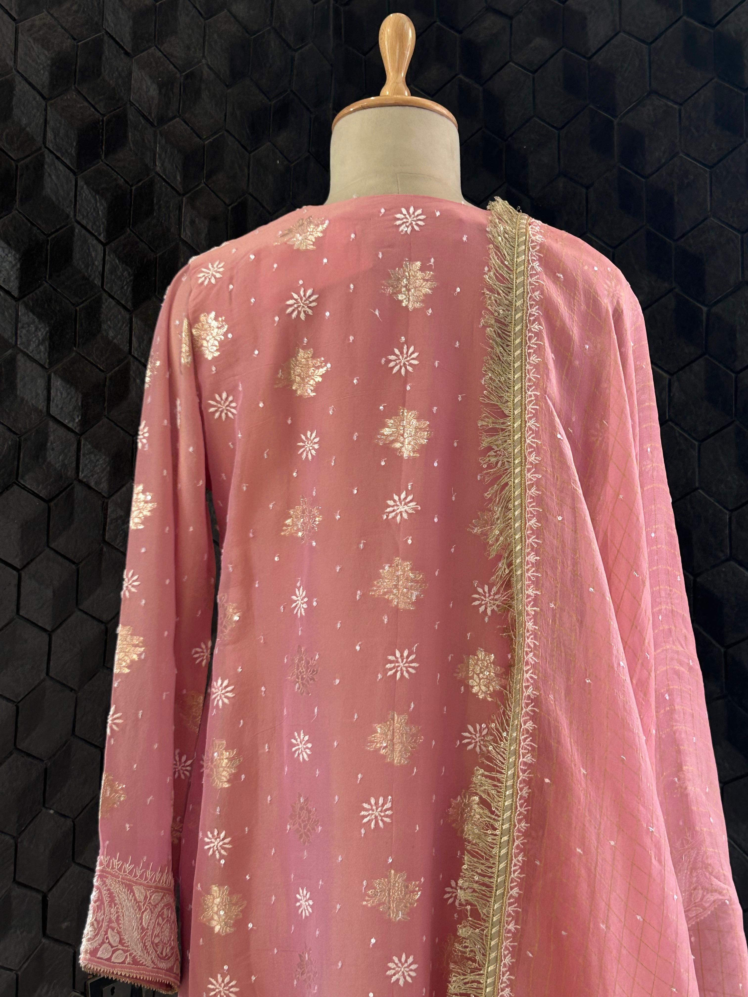 Pink Shimmer Organza Chikankari Suit Set