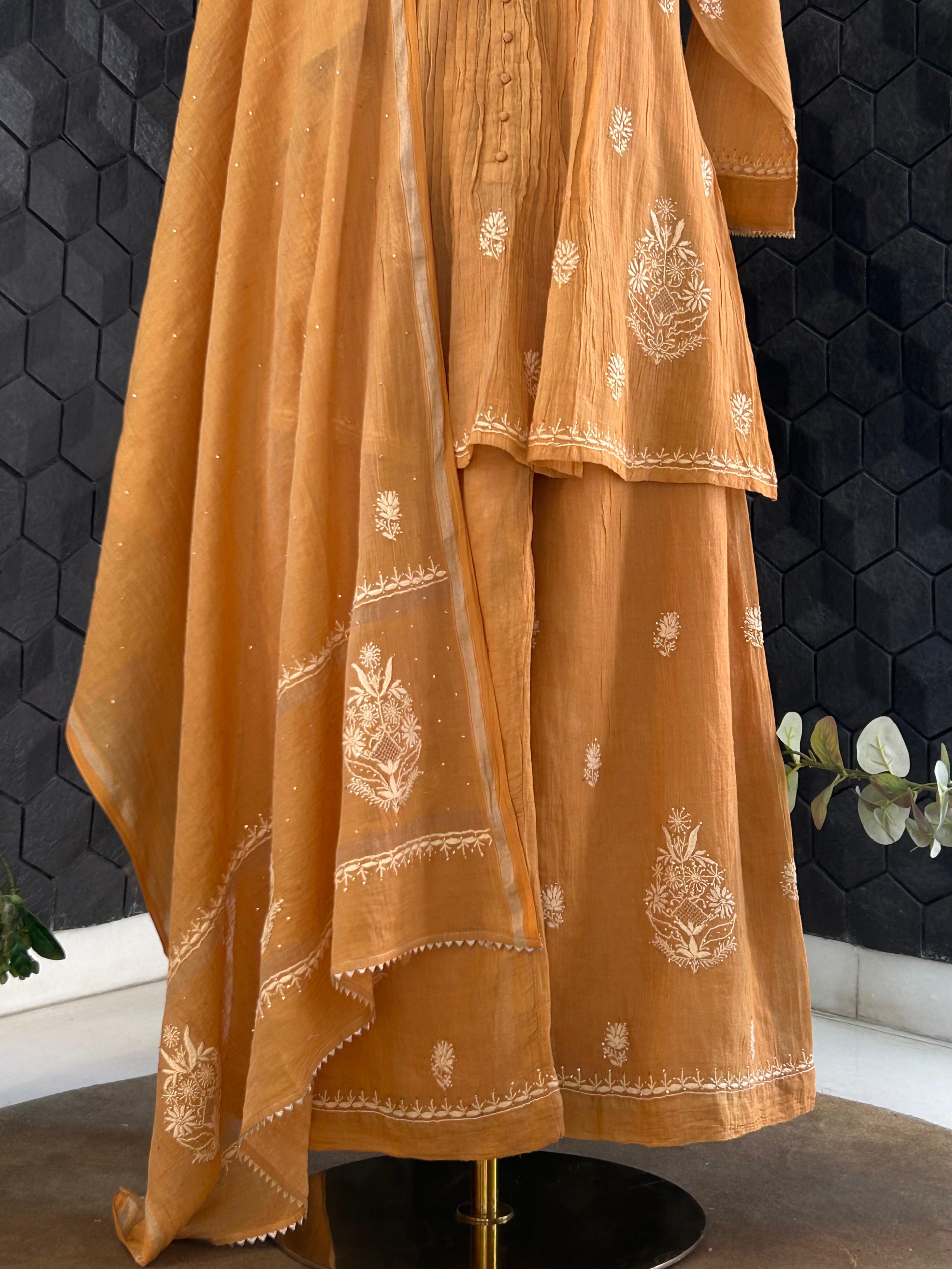 Orange Silver Tissue Chikankari Garara Set