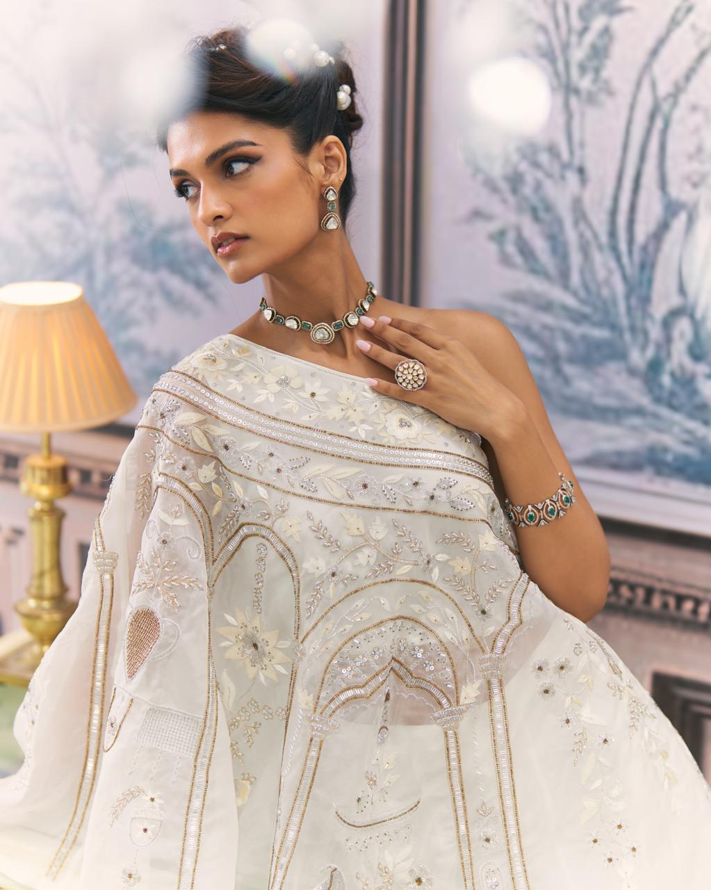 One-Shoulder Organza Chikankari Sharara Set