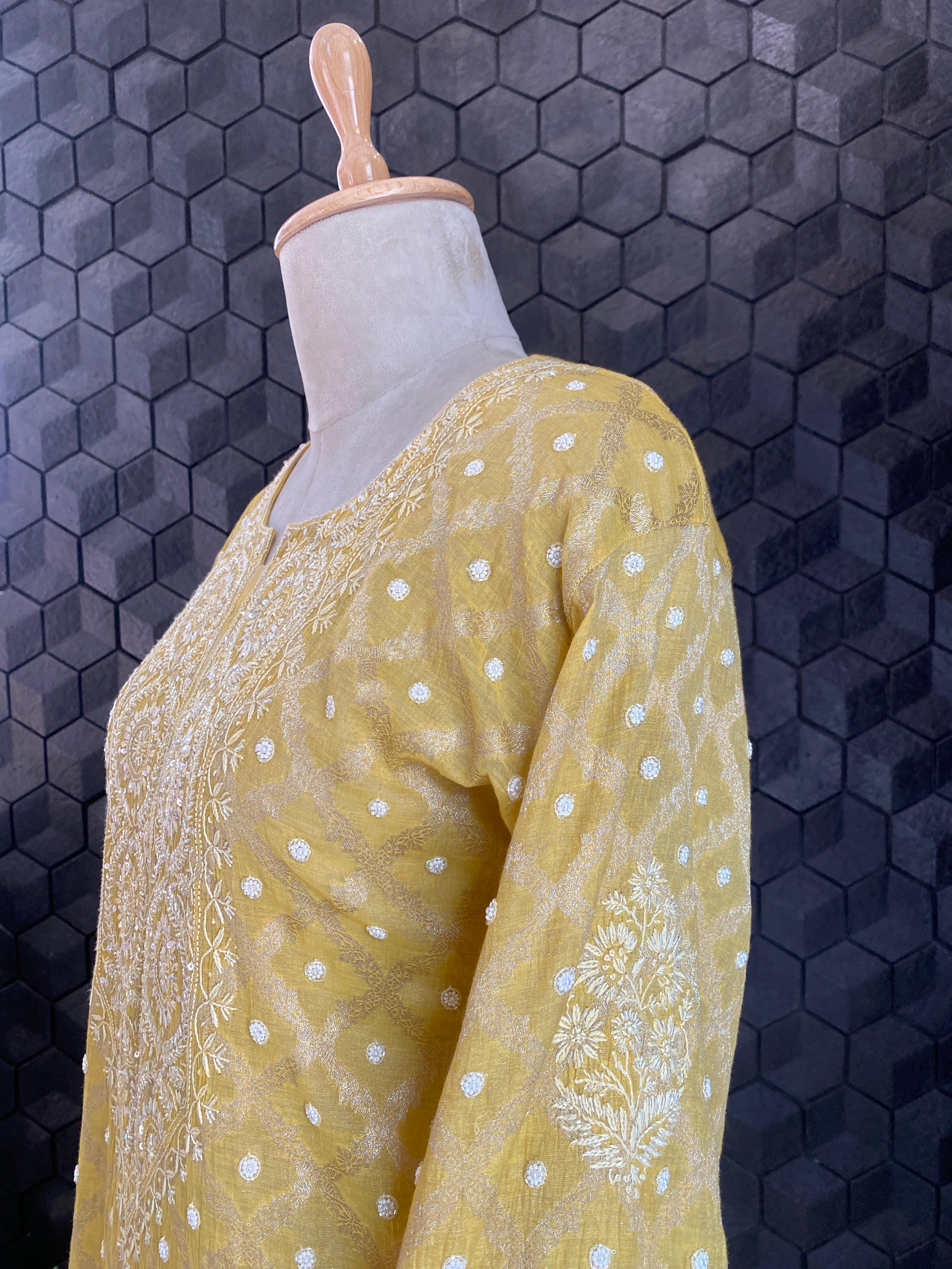 Yellow Silver Tissue Chikankari Co-ord Set