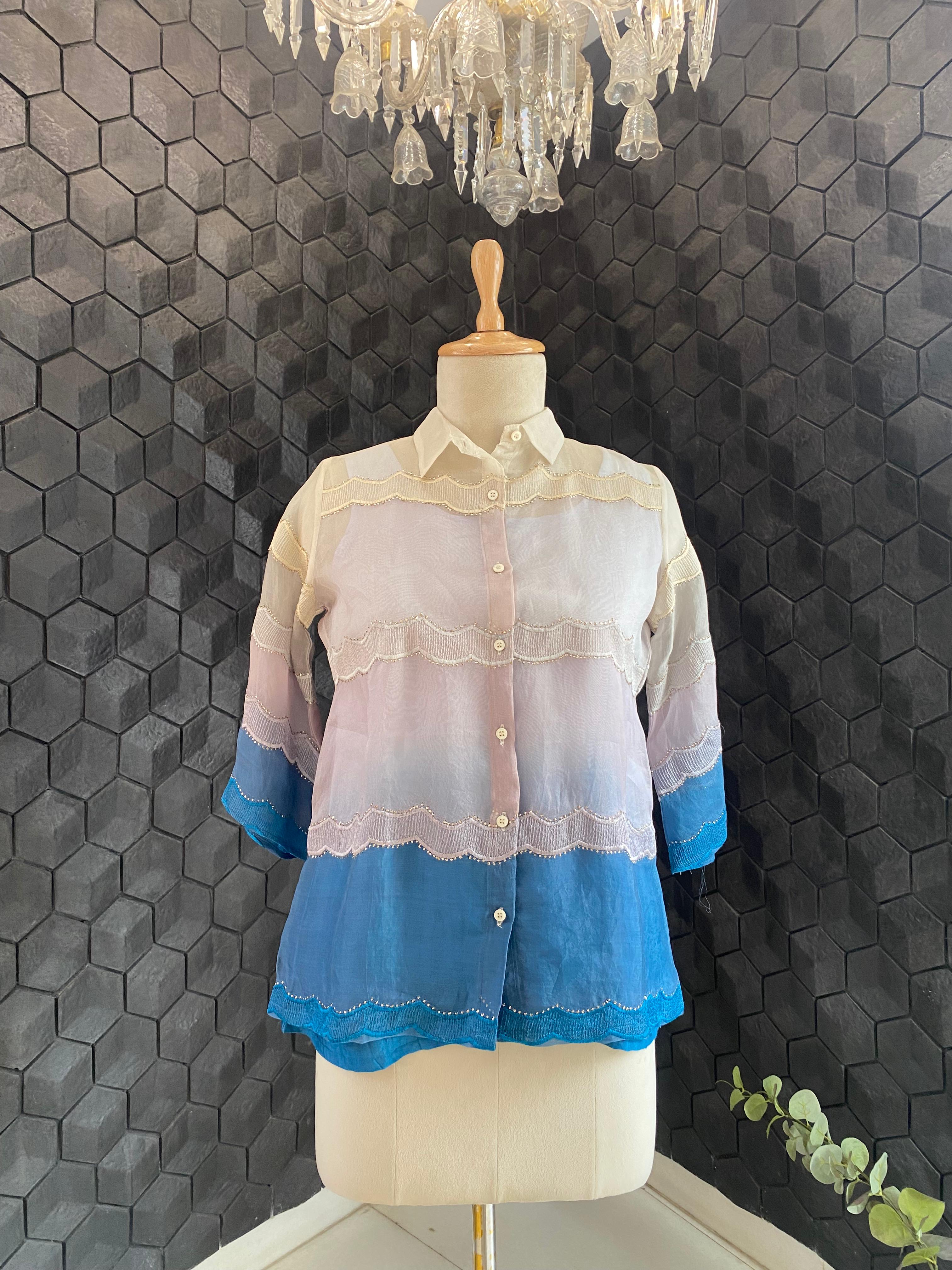 Blue Organza Mukaish Shirt