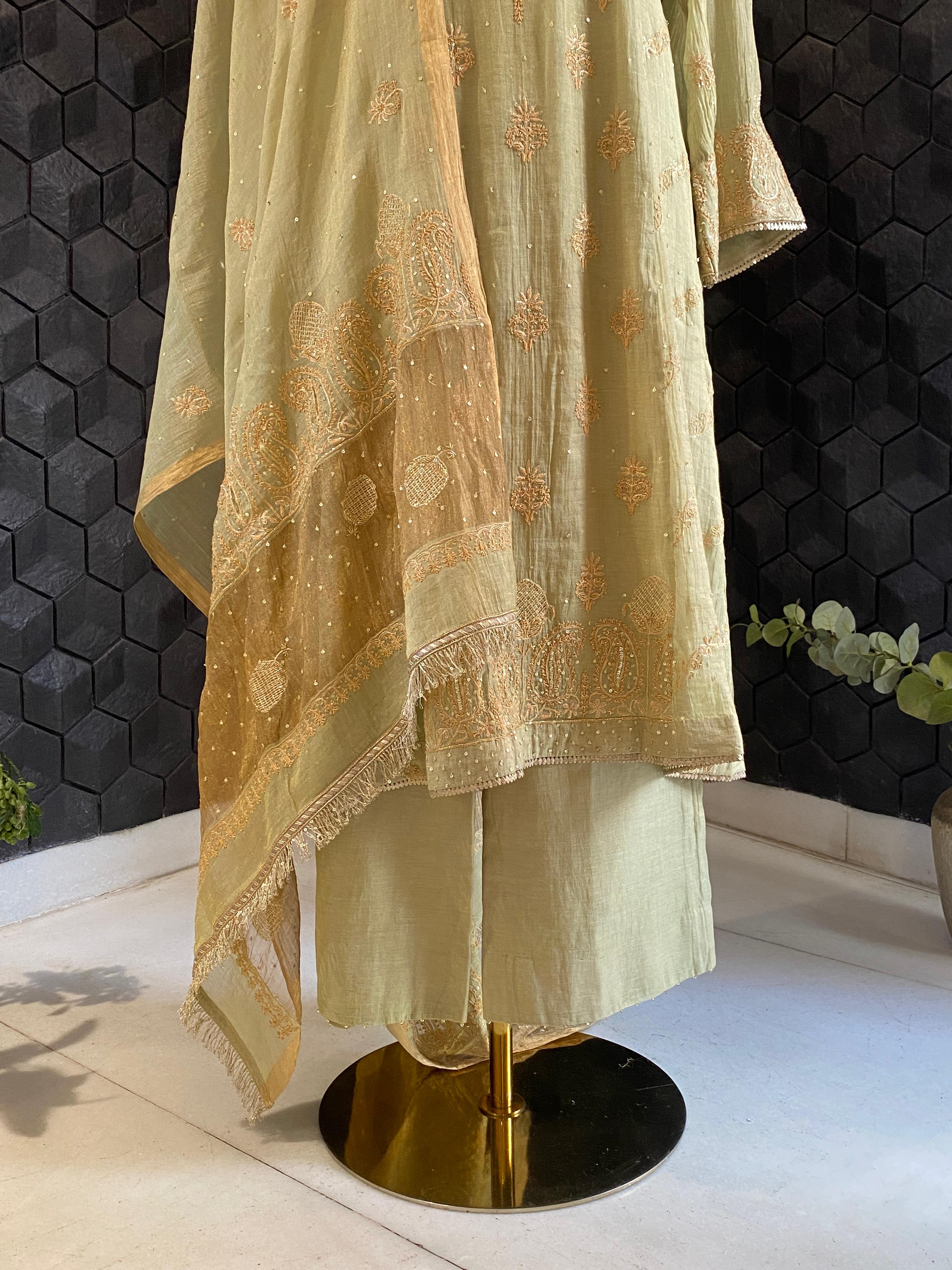 Green Golden Tissue Chikankari Suit Set