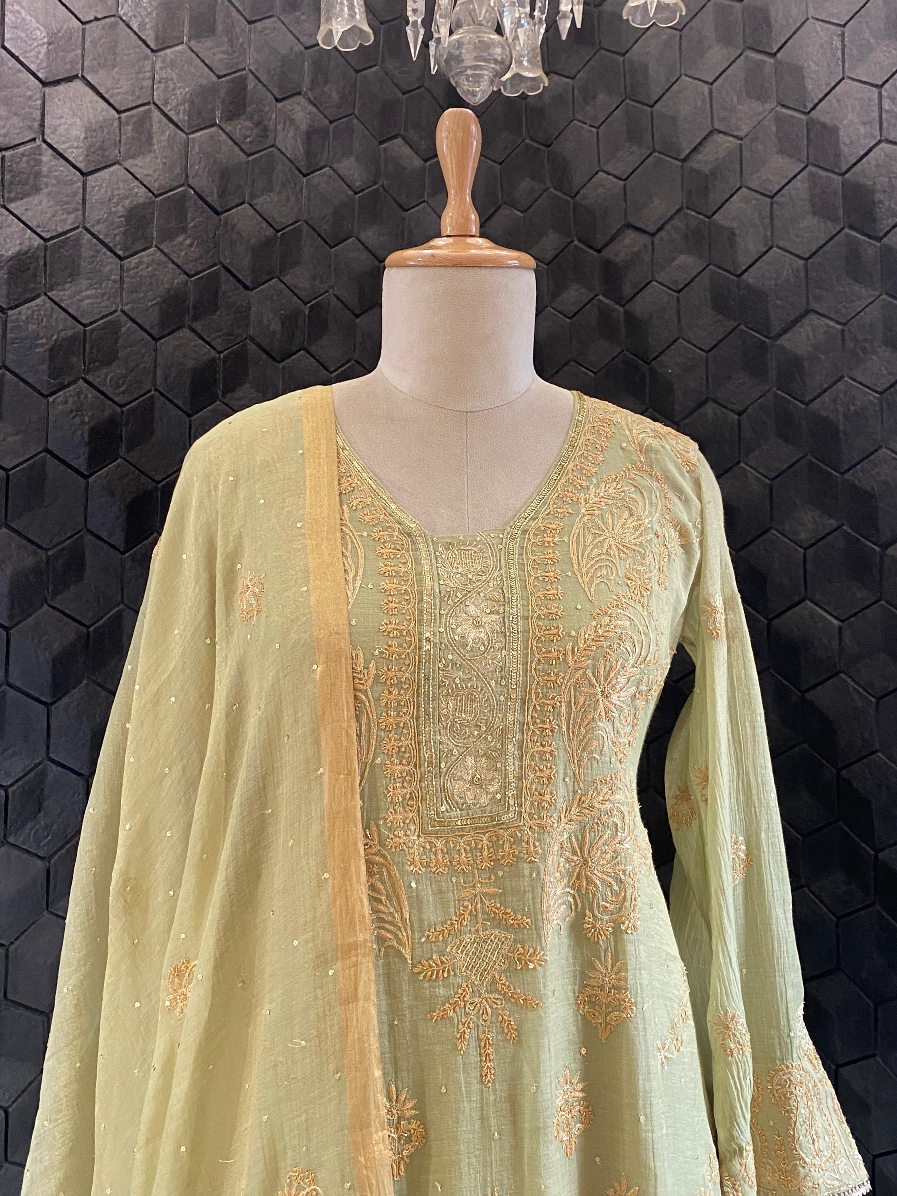 Green Golden Tissue Chikankari Suit Set