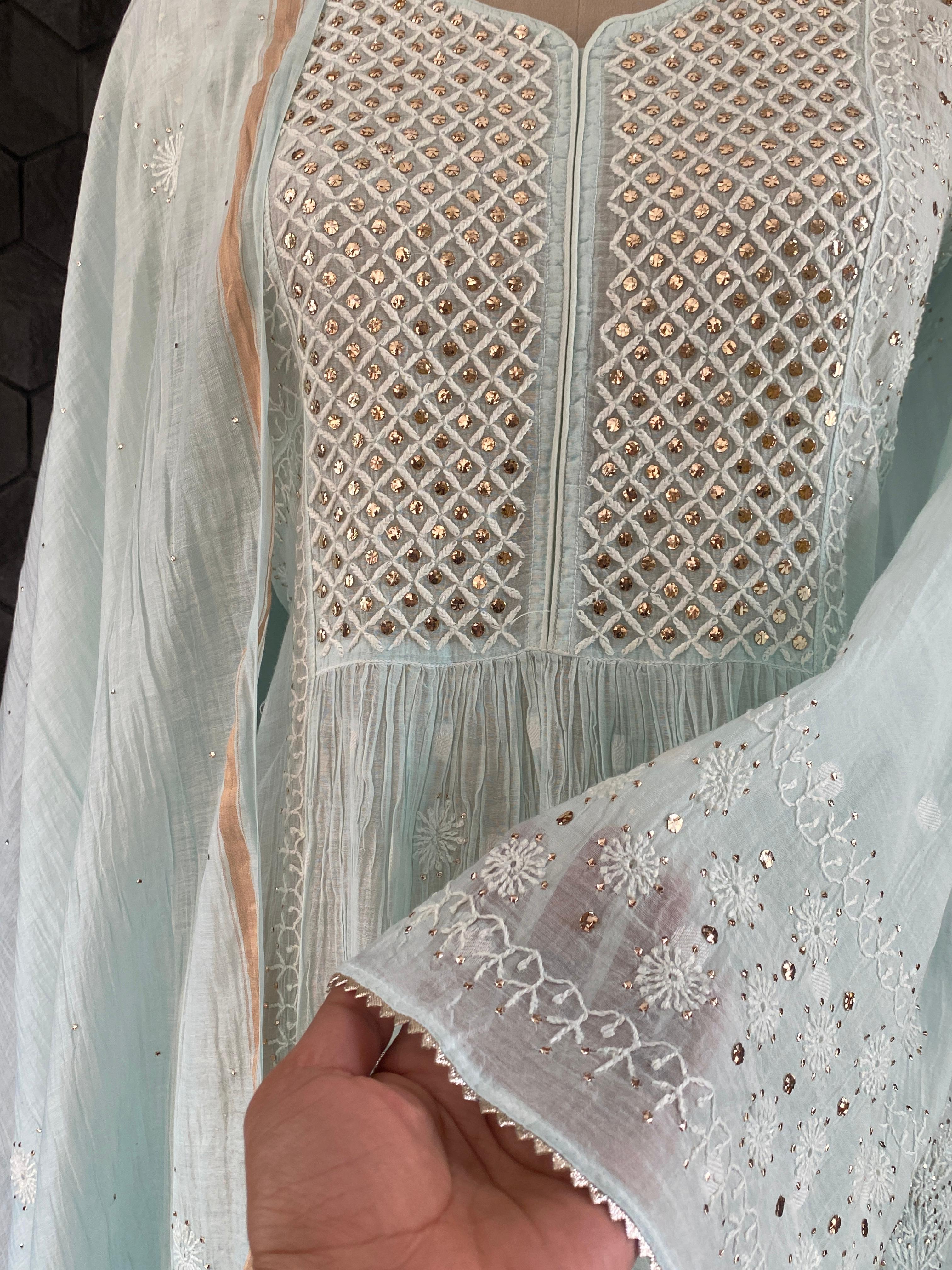 Sea Green Mul Chanderi Chikankari Mukaish Kurta Set