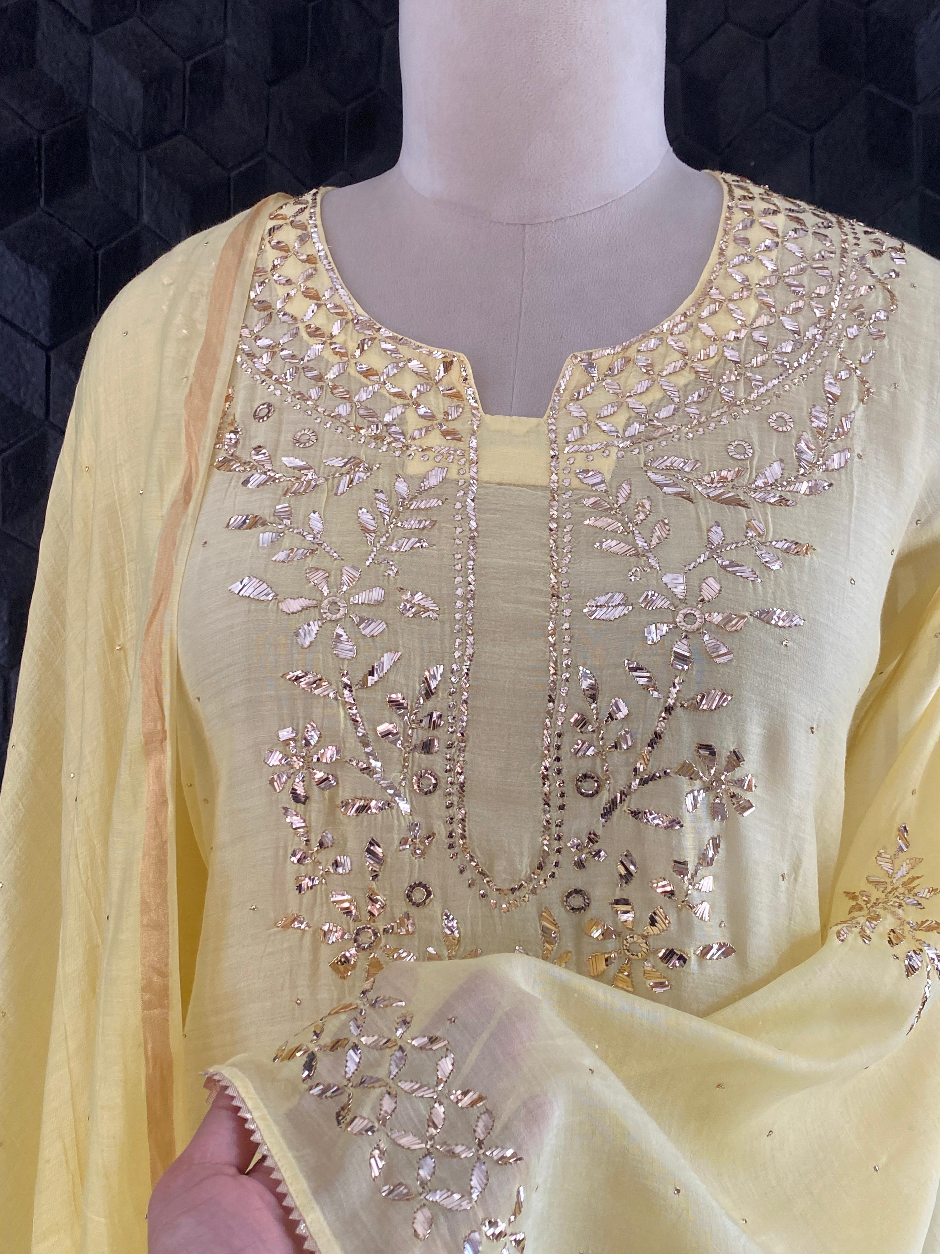 Yellow Mul Chanderi Mukaish Kurta Set