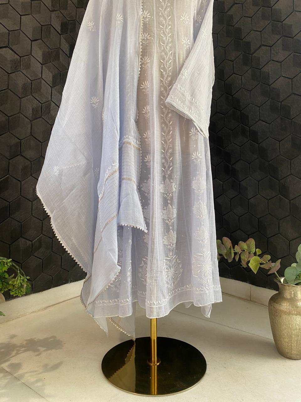 Blue Mul Chanderi Chikankari Anarkali Set