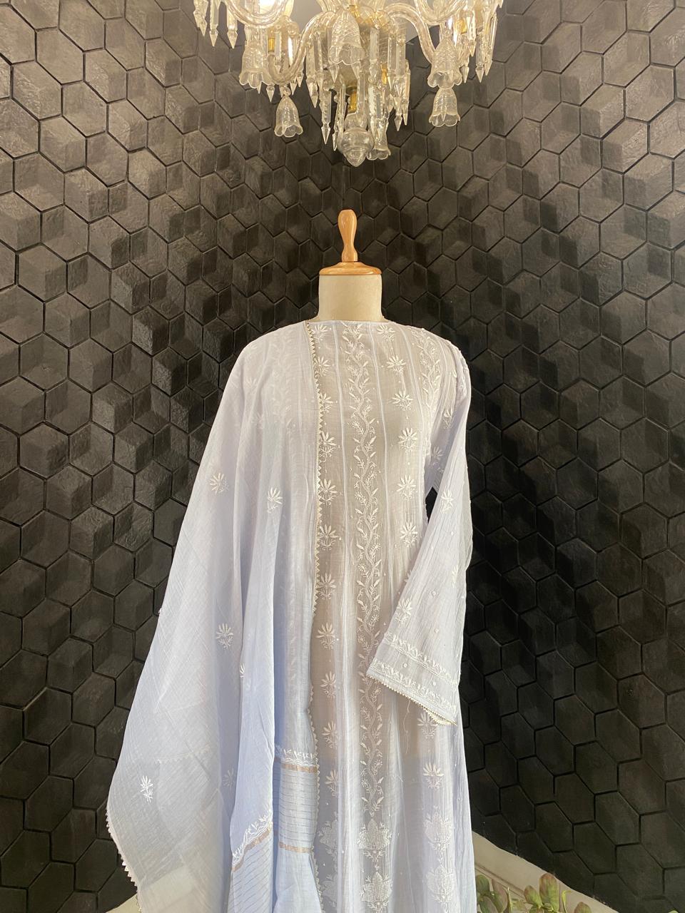 Blue Mul Chanderi Chikankari Anarkali Set