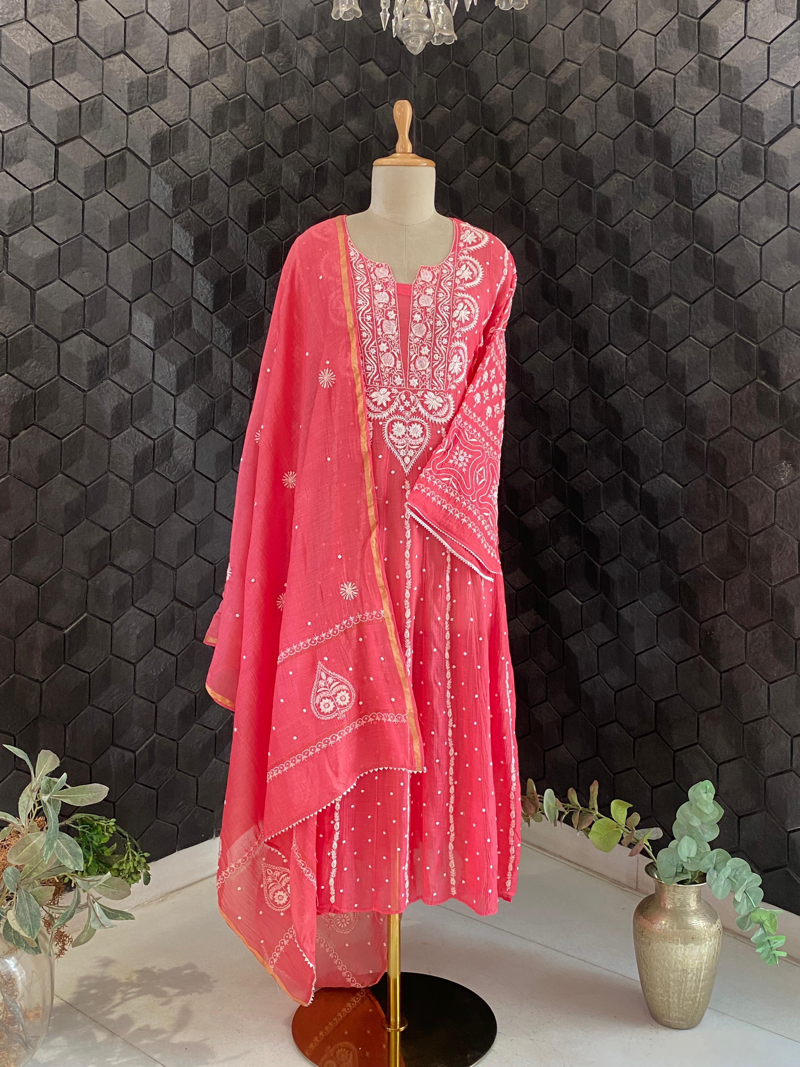Magenta Mul Chanderi Chikankari Anarkali Set