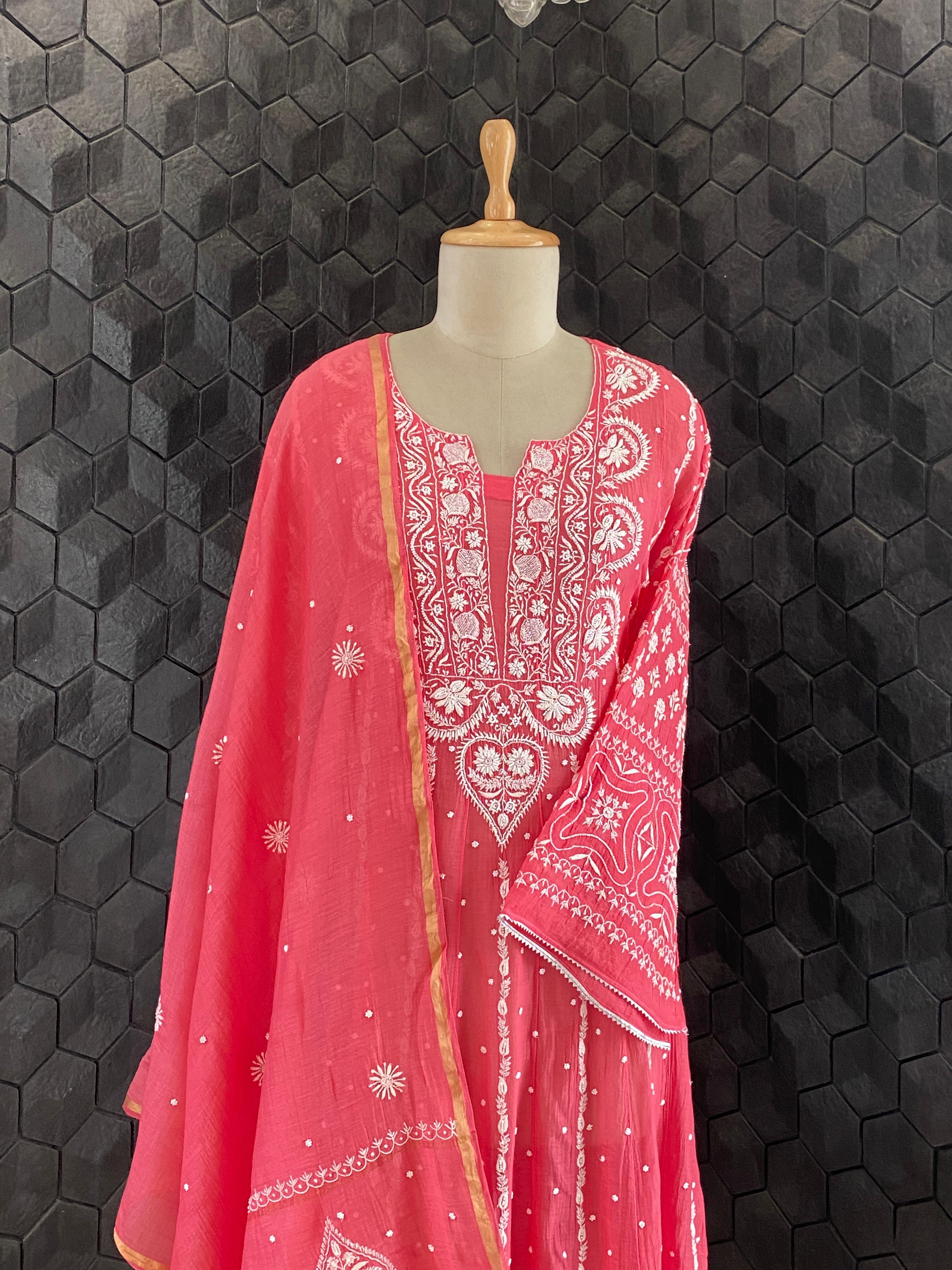 Magenta Mul Chanderi Chikankari Anarkali Set