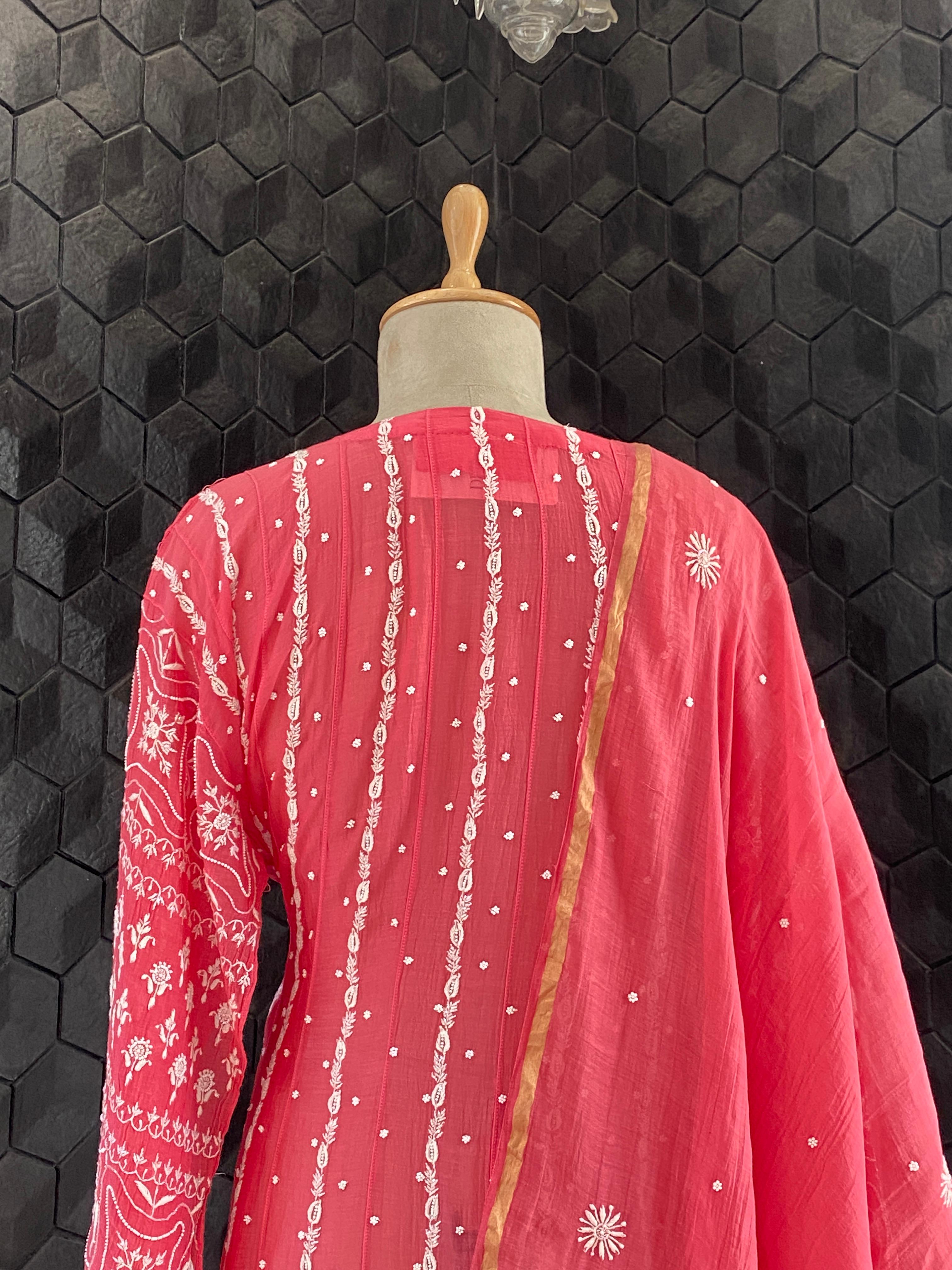 Magenta Mul Chanderi Chikankari Anarkali Set