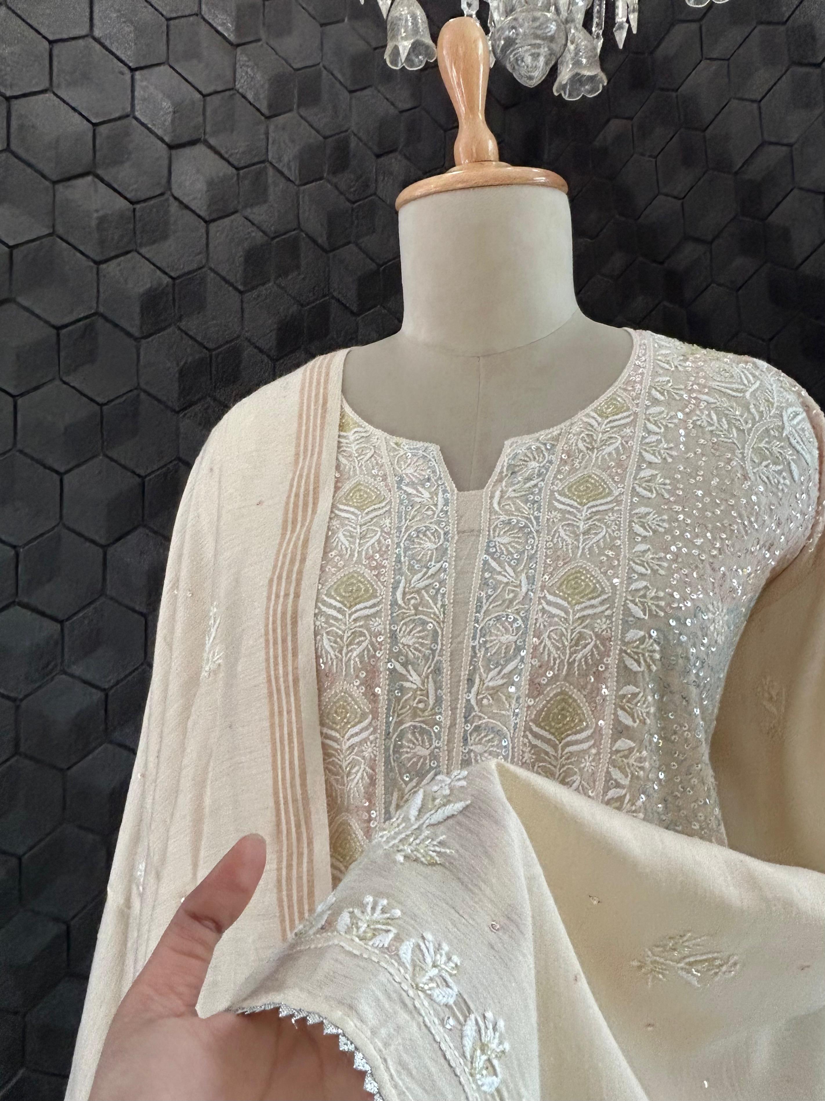 Beige Munga Silk Chikankari Kurta Set