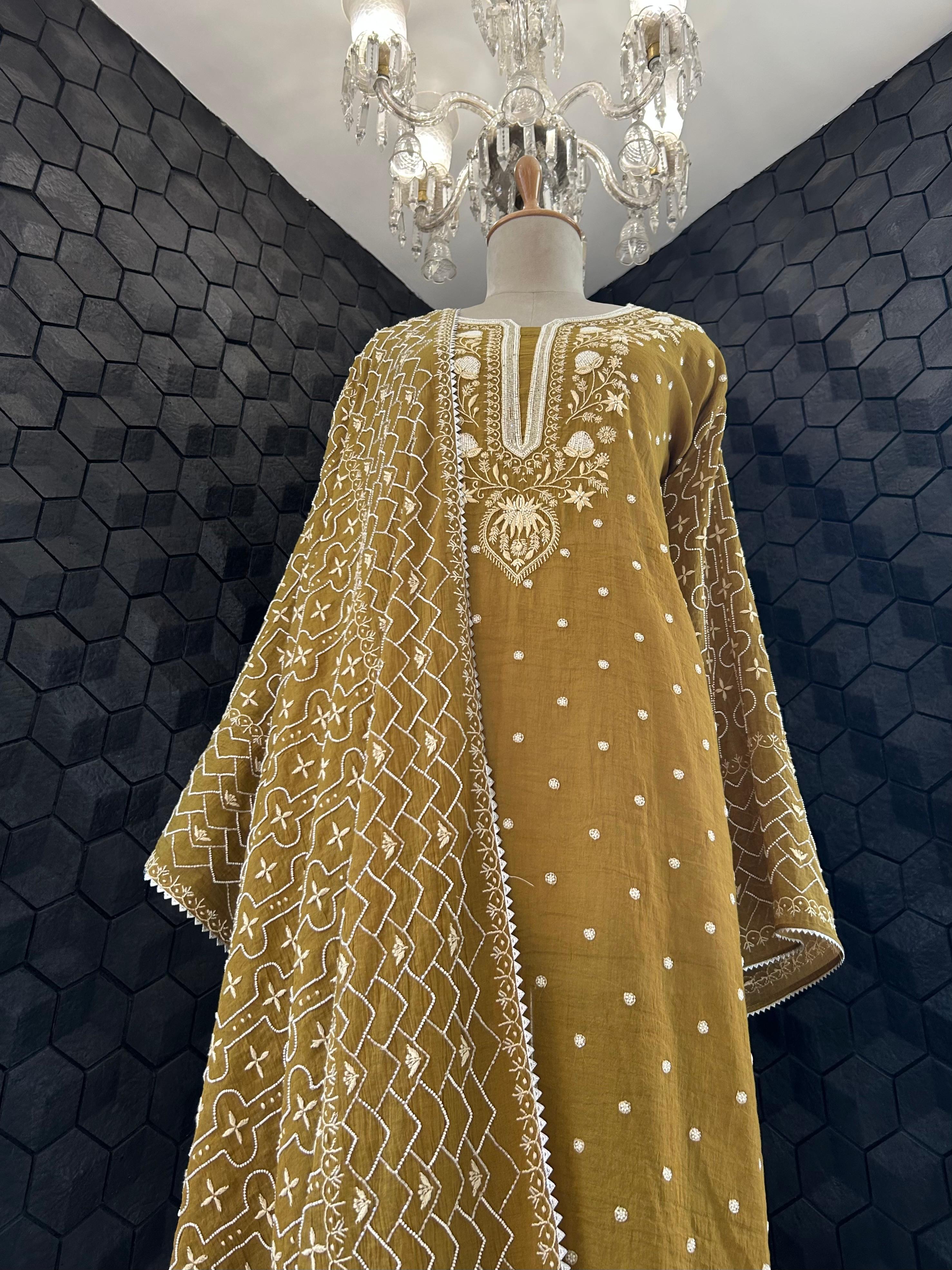 Green Tissue Chikankari Kurta Set