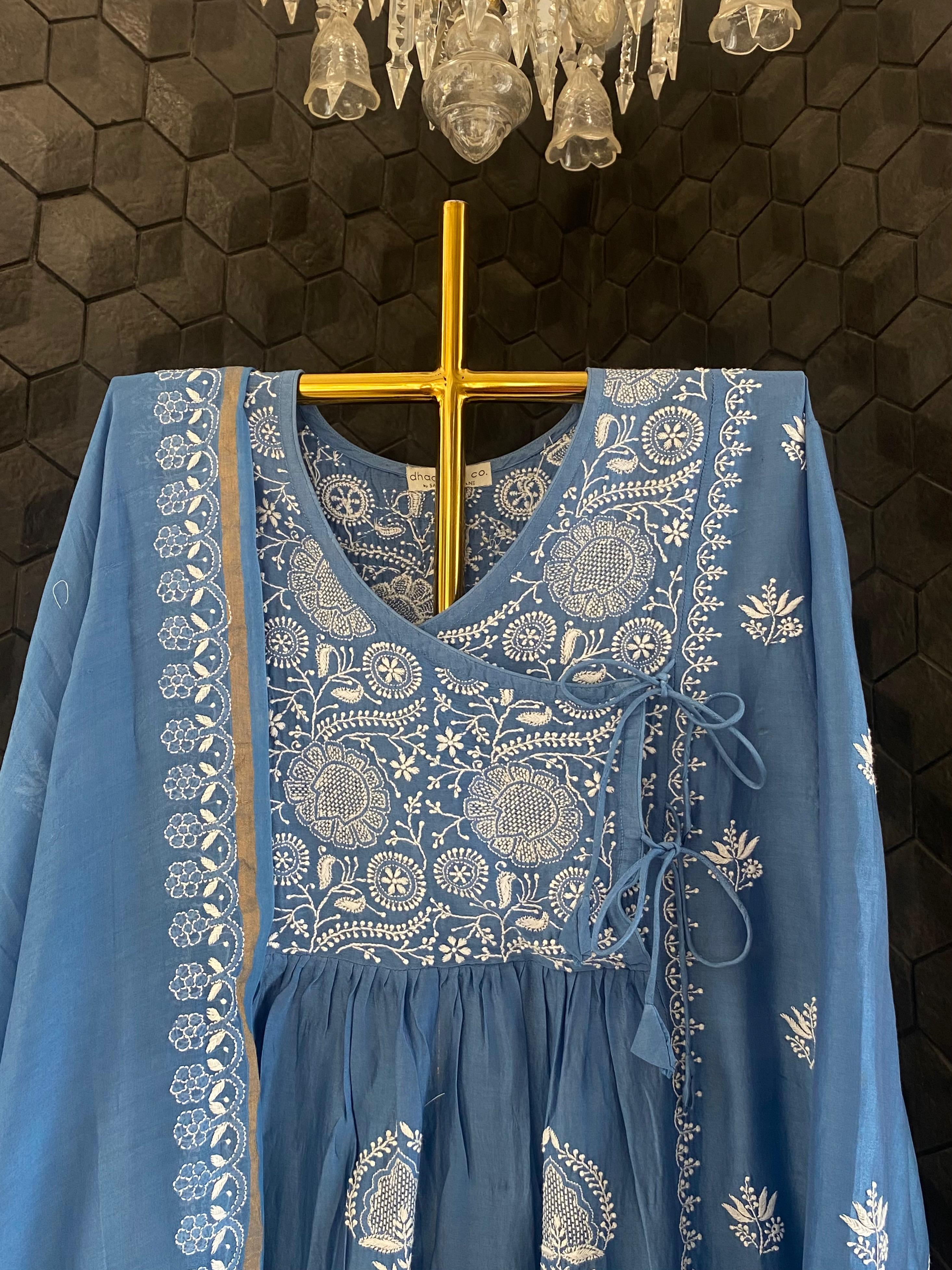 Blue Chanderi Chikankari Angarkha Kurta Set