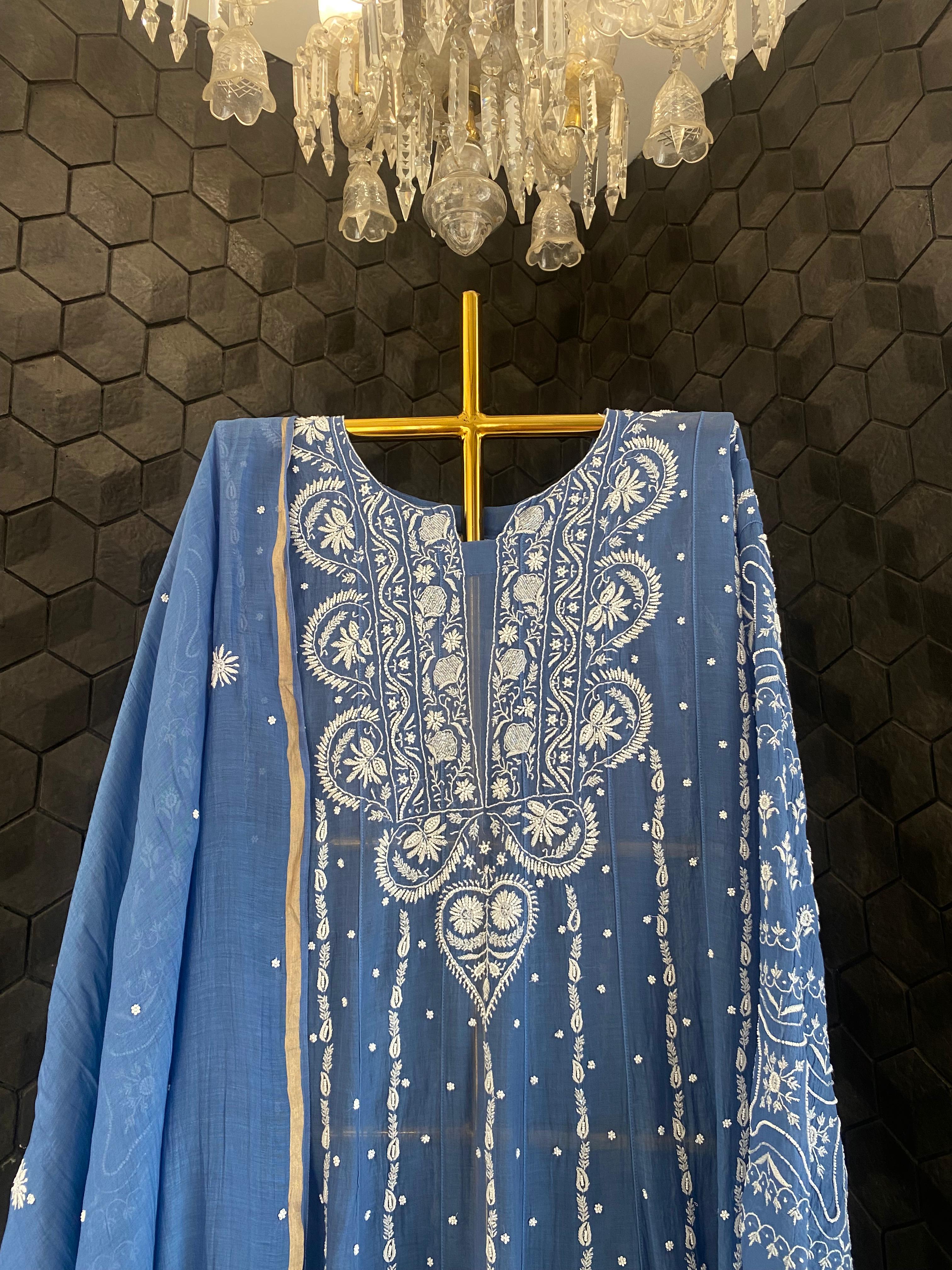 Blue Mul Chanderi Chikankari Anarkali Set