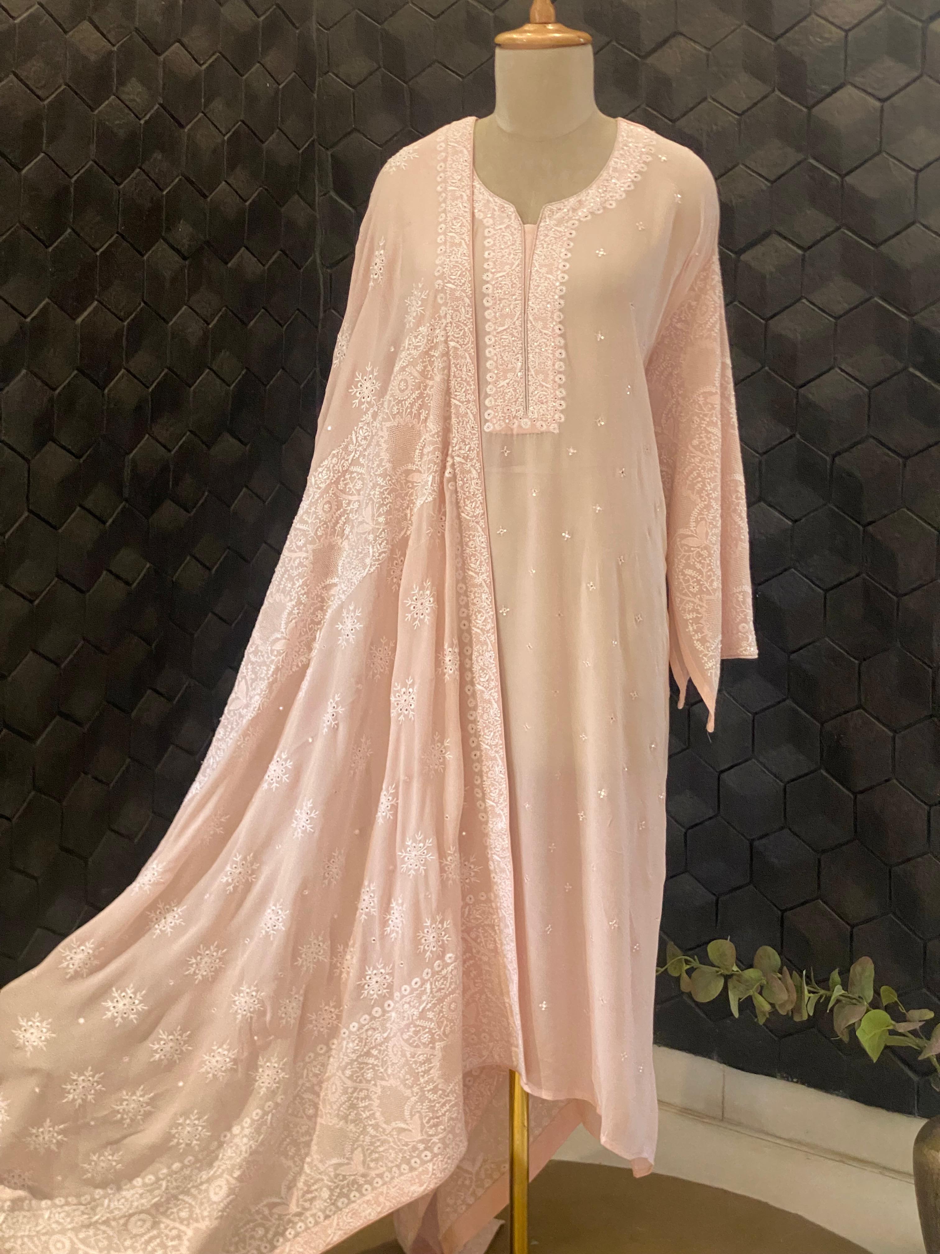 Pink Georgette Chikankari Kurta Set