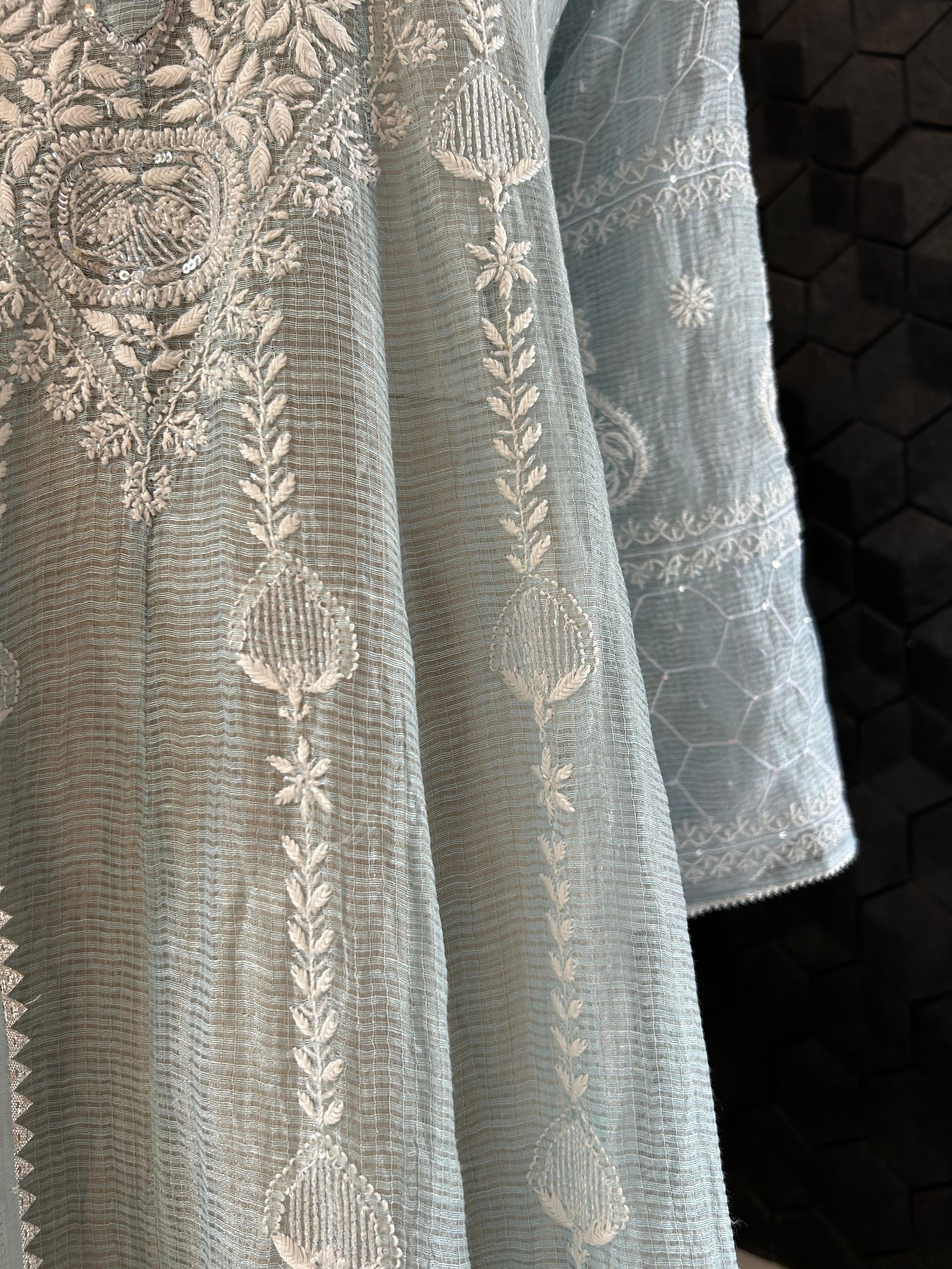 Silver Blue Tissue Kota Chikankari Anarkali Set