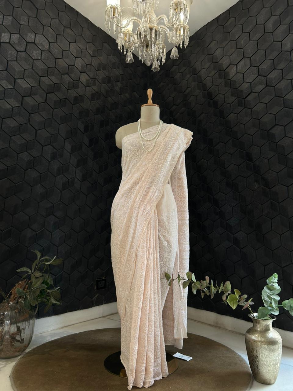 Pastel Peach Georgette Chikankari Saree