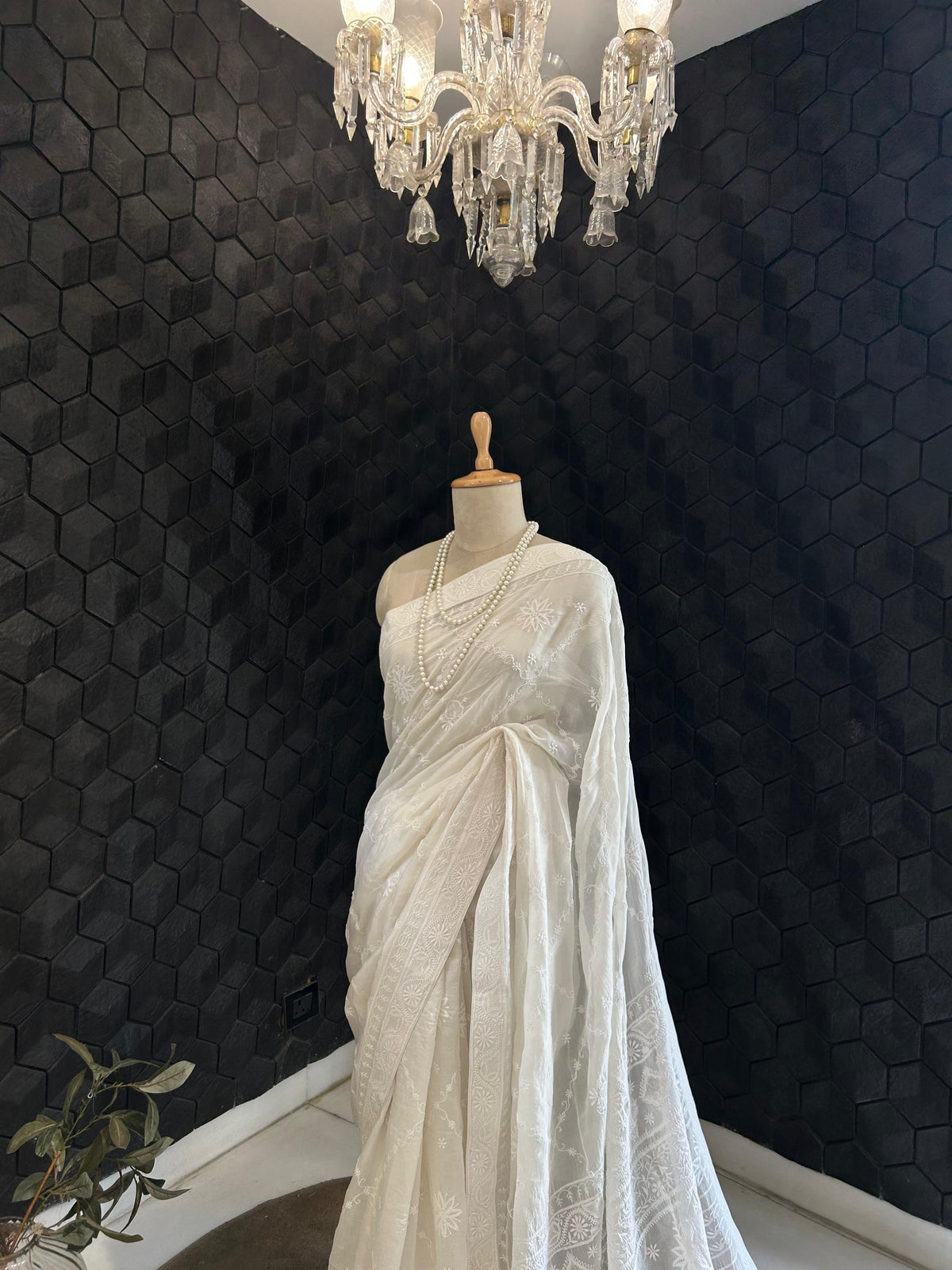 White organza chikankari saree
