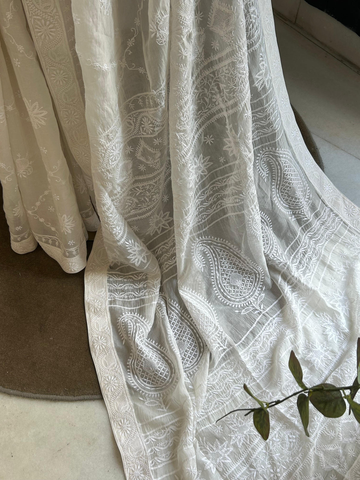 White organza chikankari saree