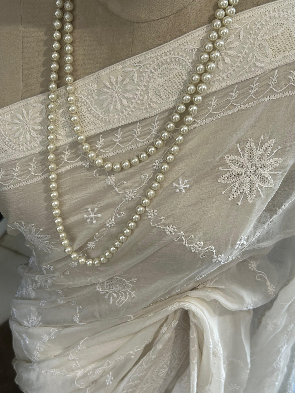 White organza chikankari saree