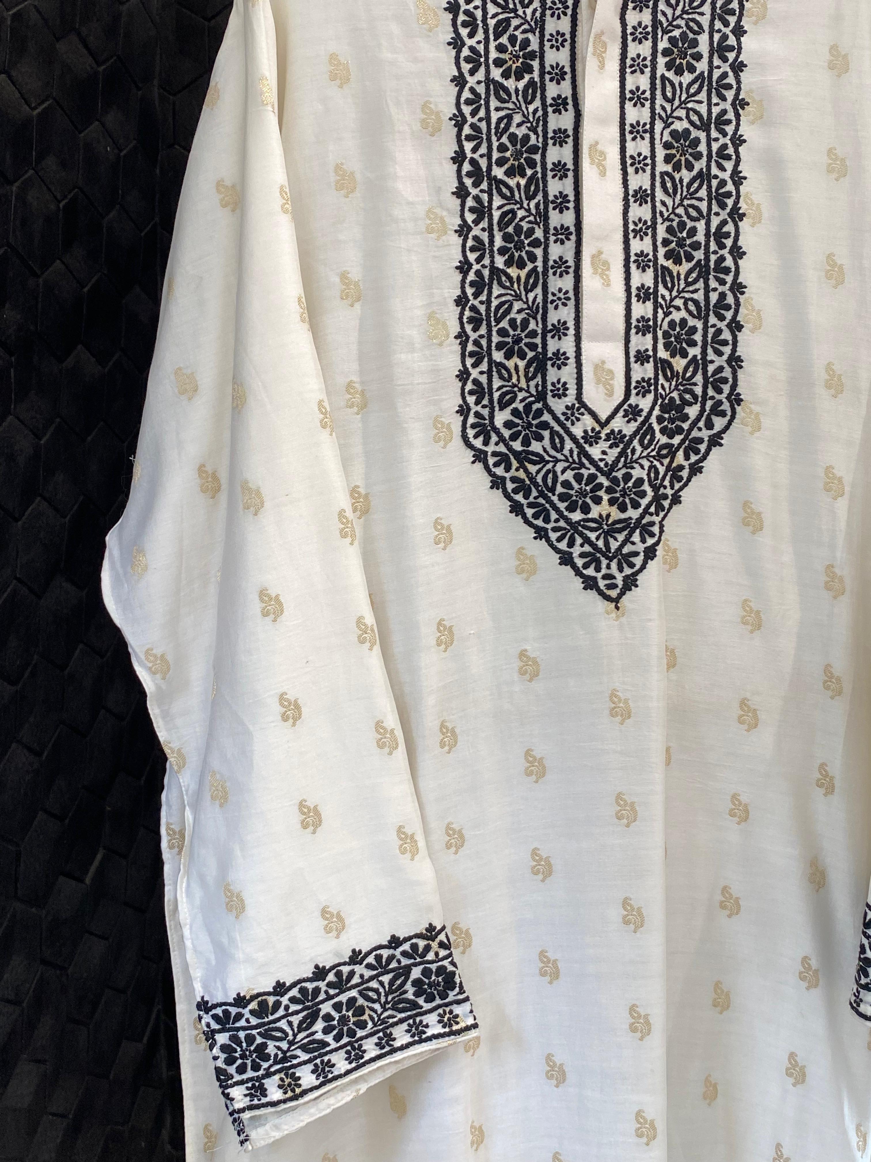 White chanderi chikankari men kurta