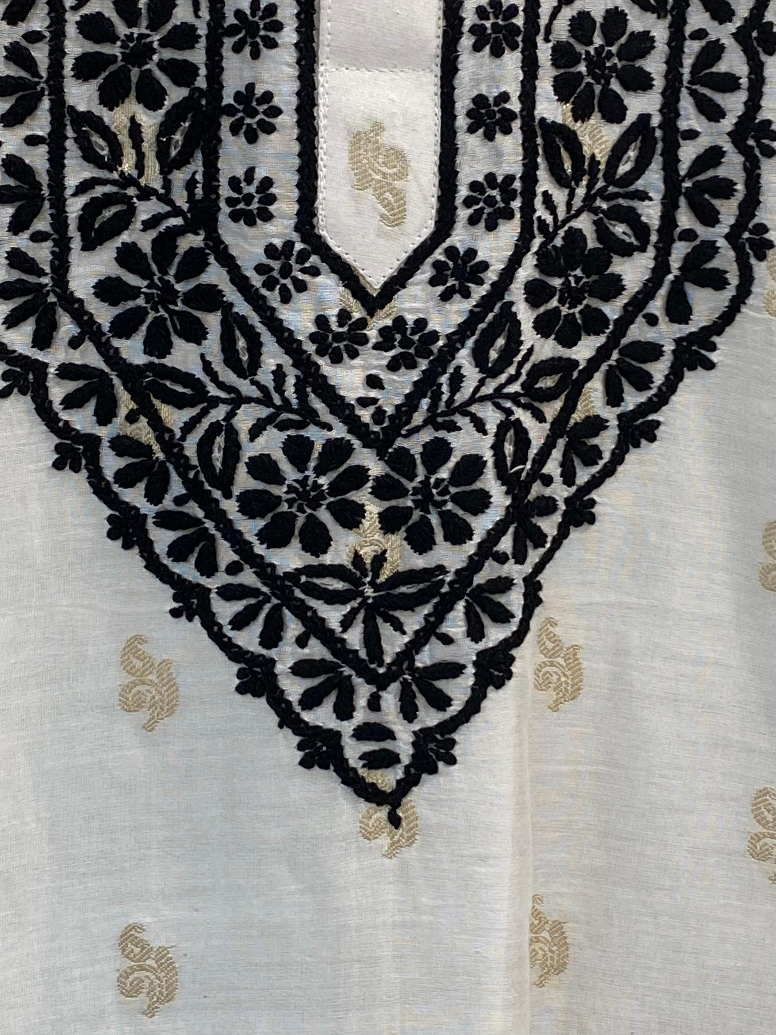White chanderi chikankari men kurta