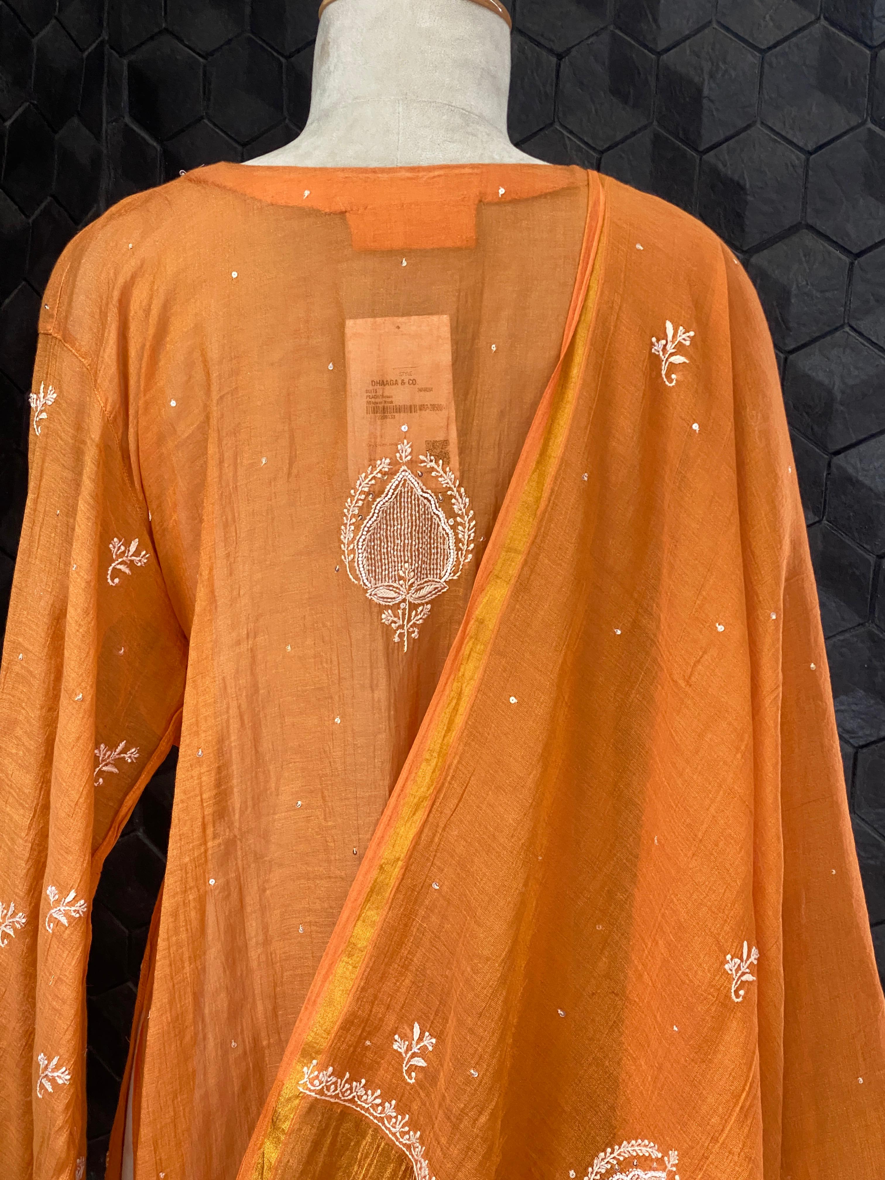 Orange Tissue Chikankari Kurta Set