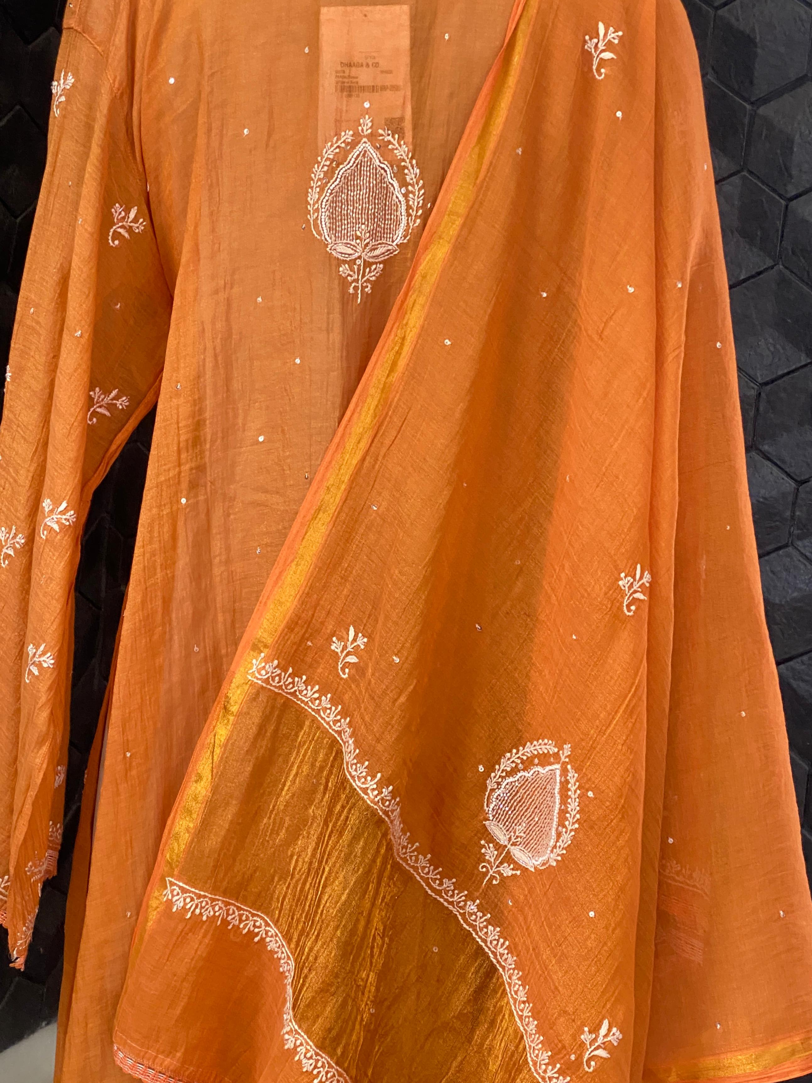 Orange Tissue Chikankari Kurta Set