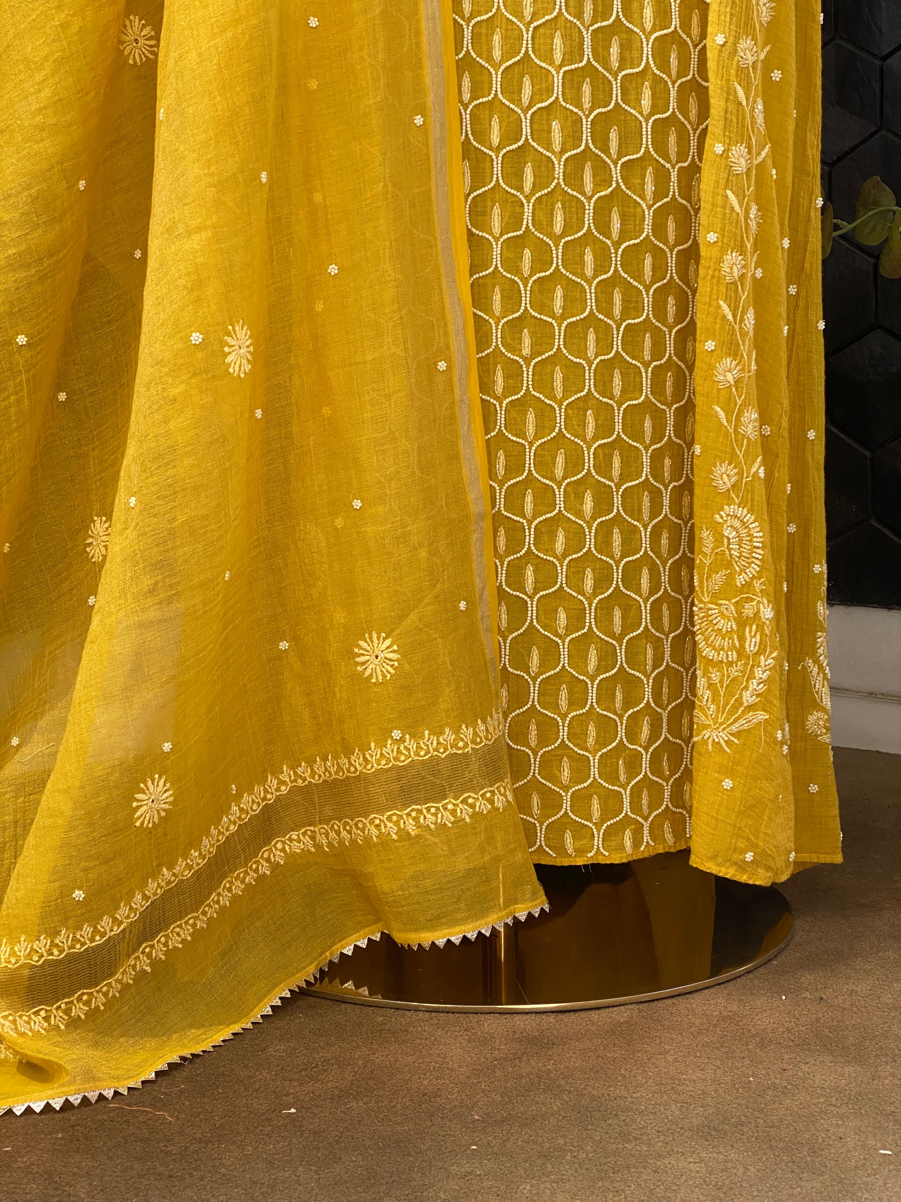 Yellow Silver Tissue Chikankari A-Line Kurta Set