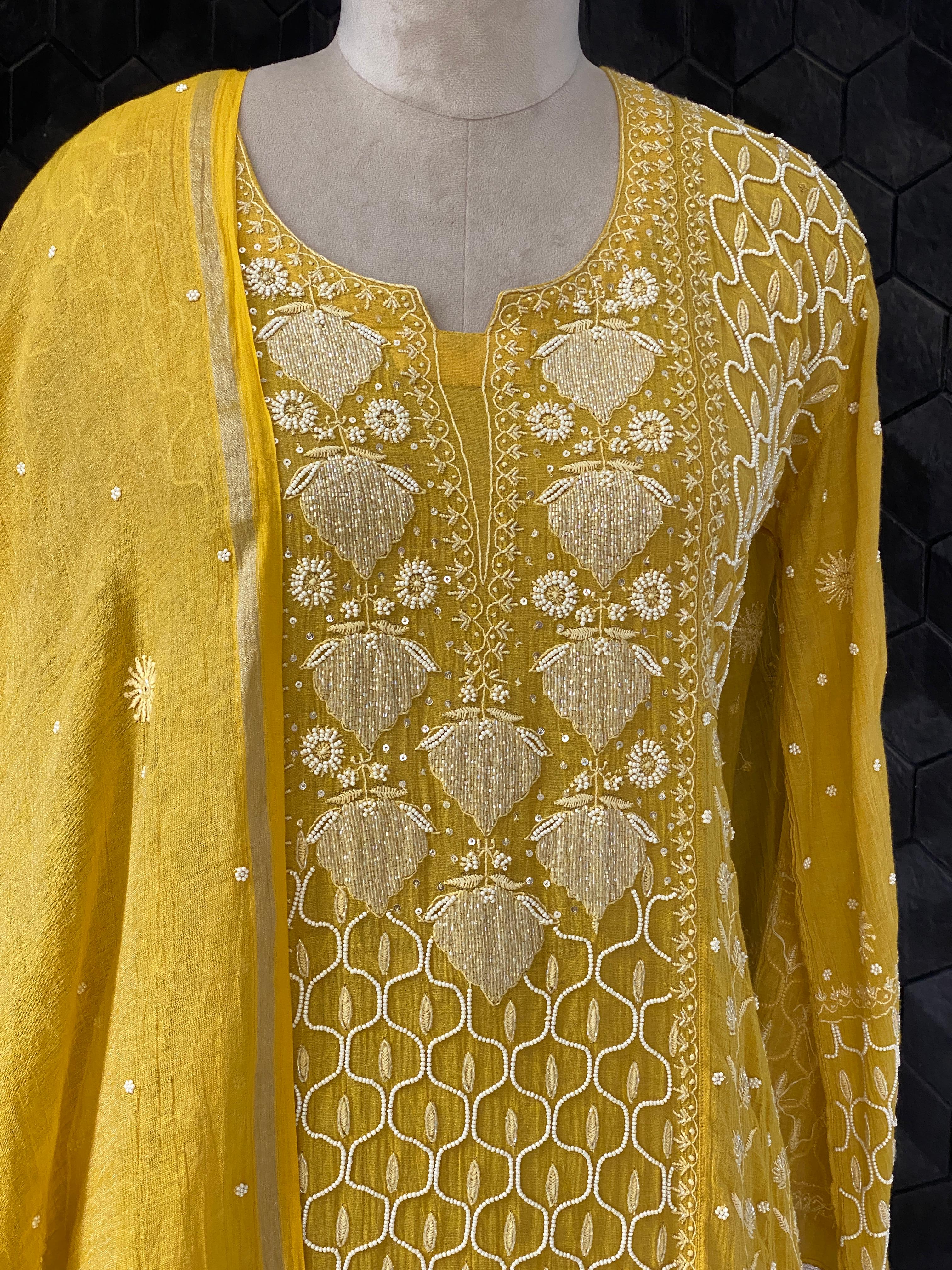 Yellow Silver Tissue Chikankari A-Line Kurta Set