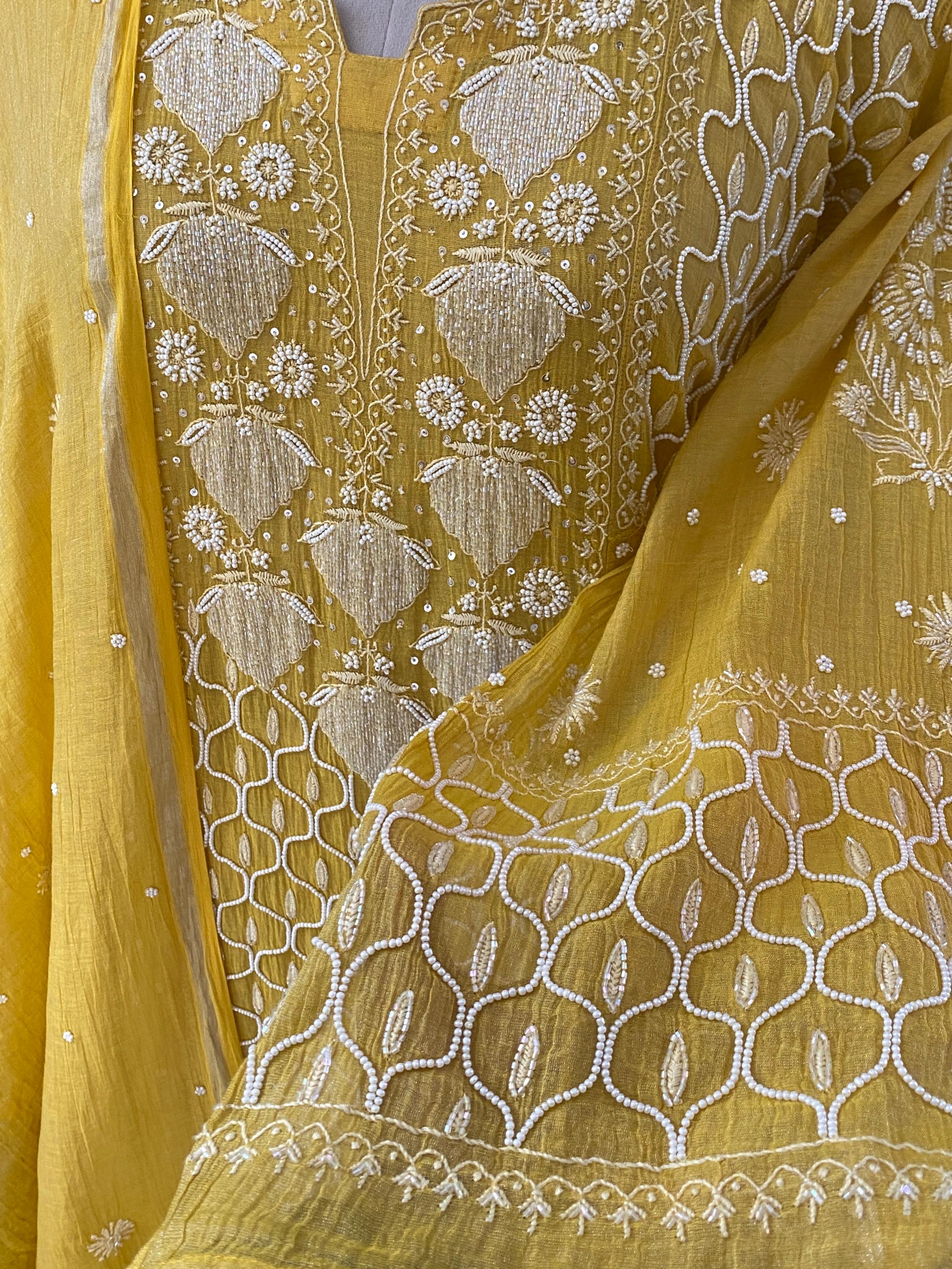 Yellow Silver Tissue Chikankari A-Line Kurta Set