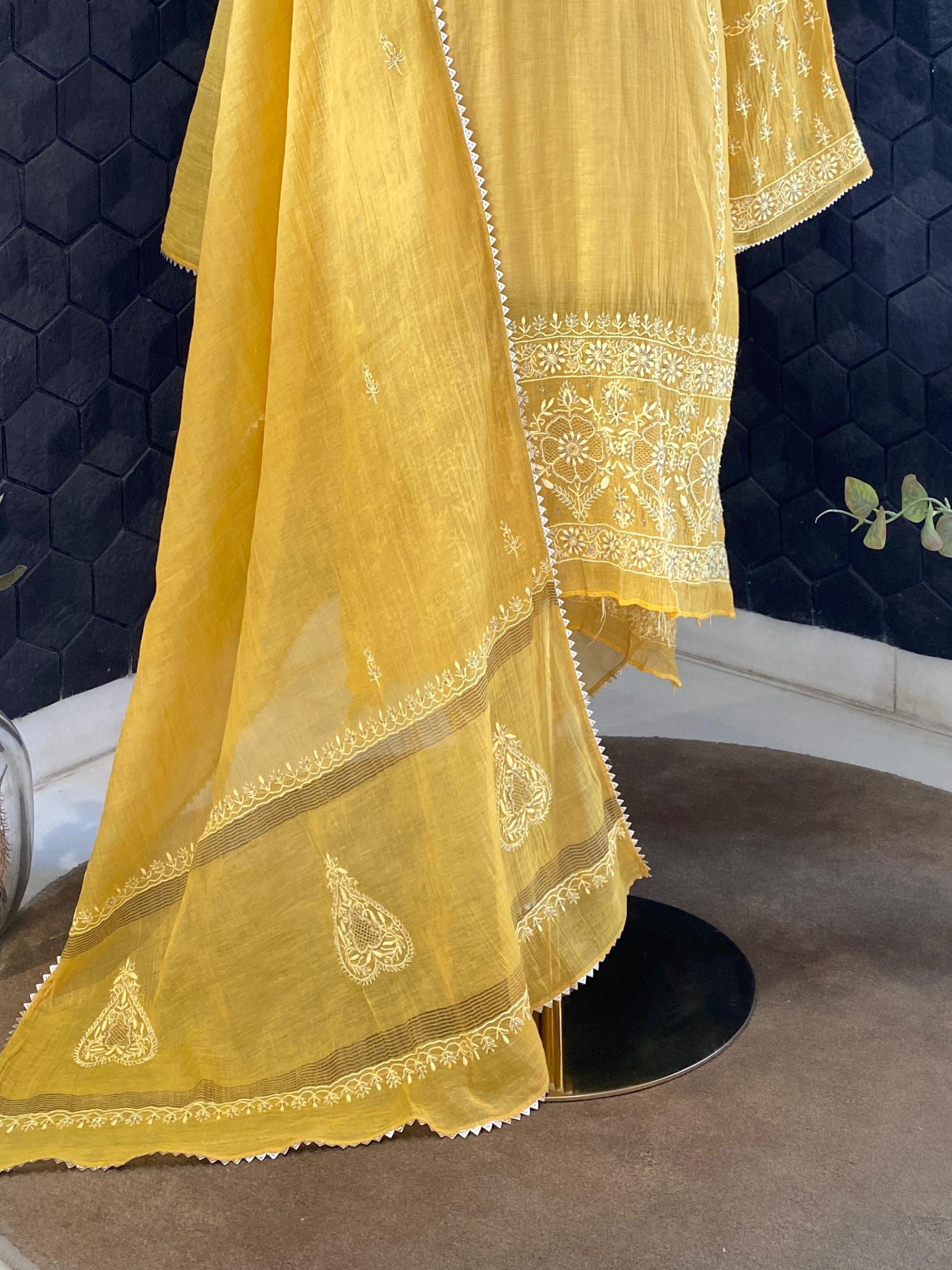 Mustard Tissue Chikankari Kurta Set