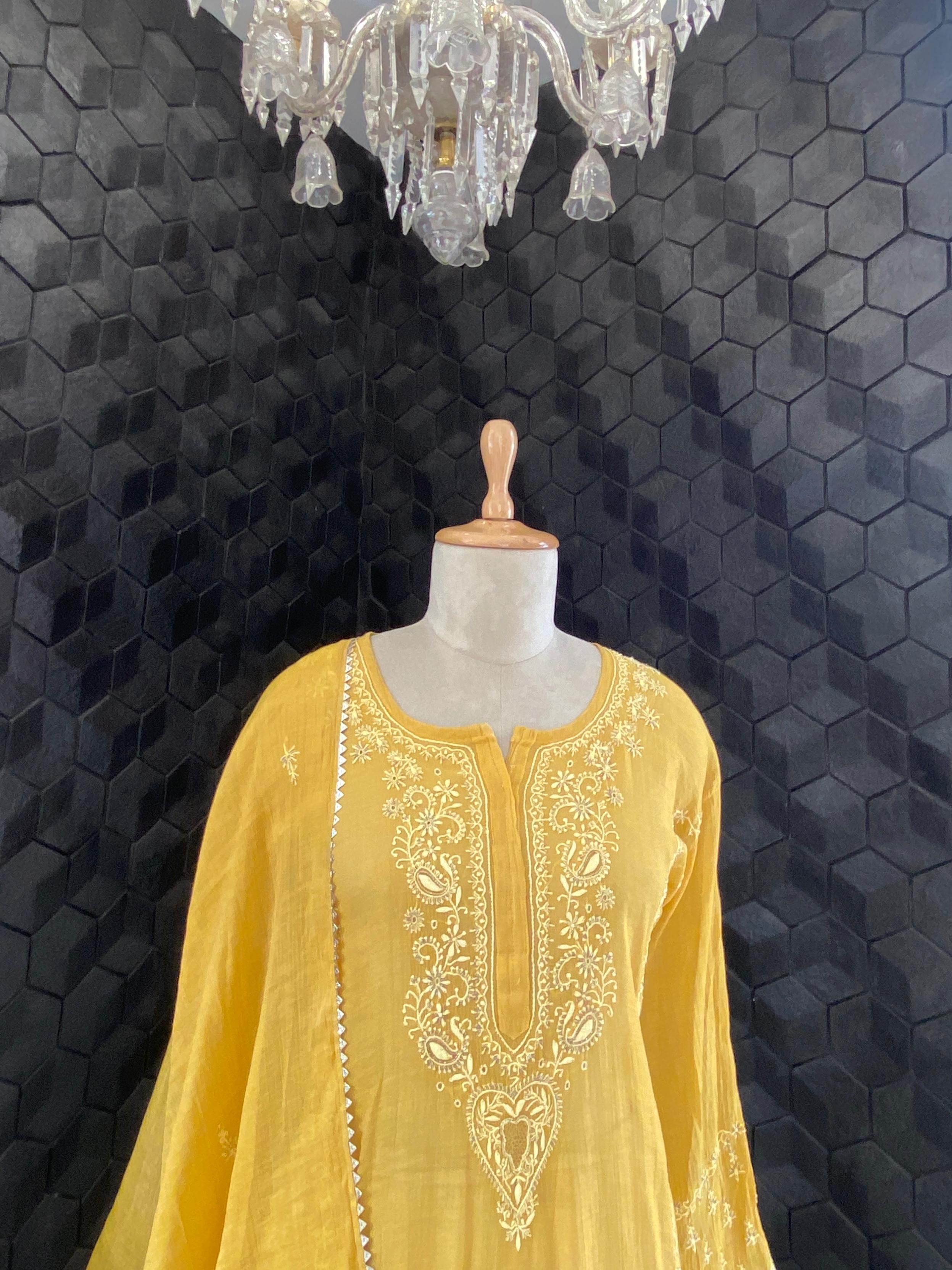 Mustard Tissue Chikankari Kurta Set