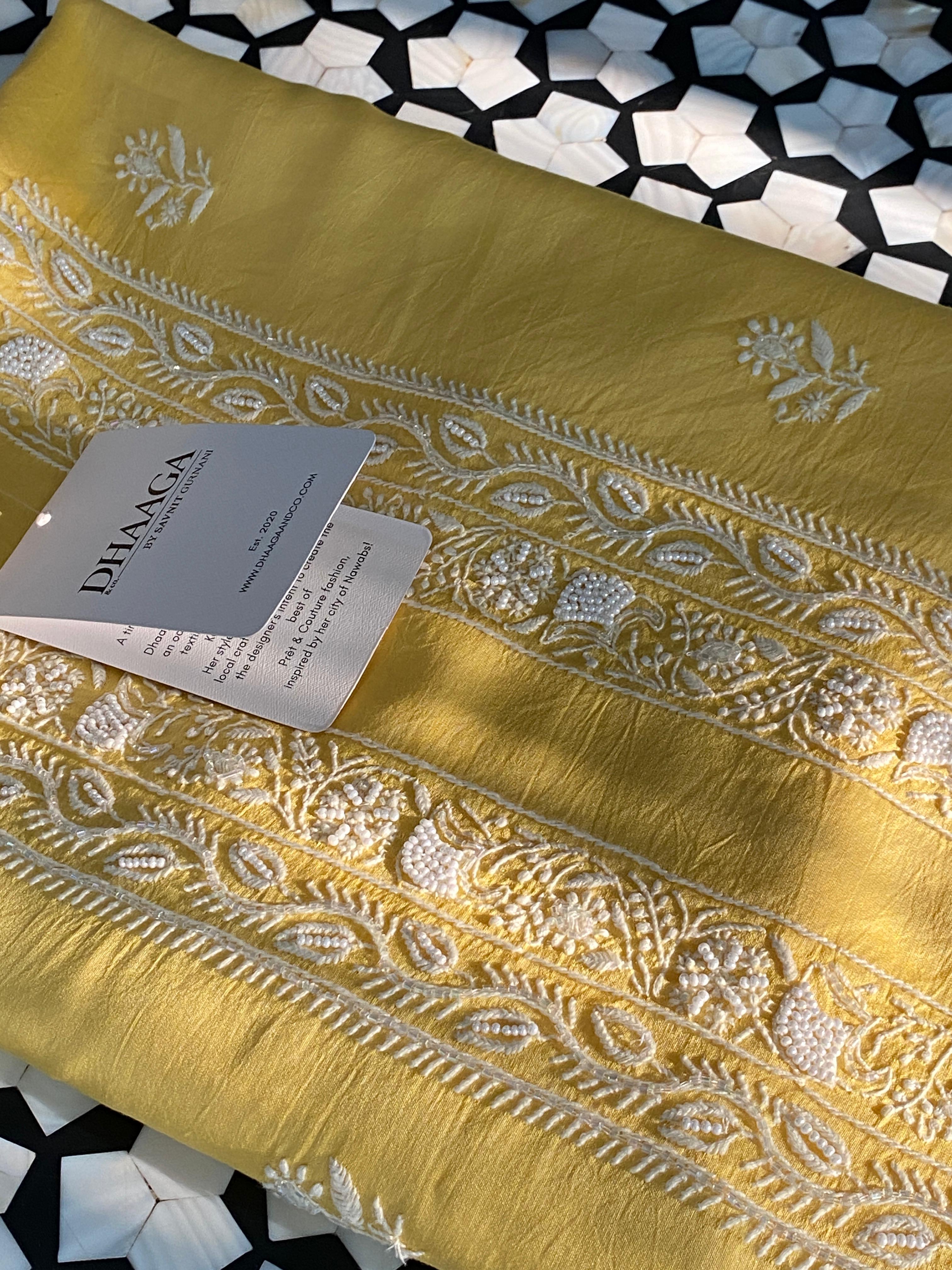 Yellow chanderi chikankari men kurta
