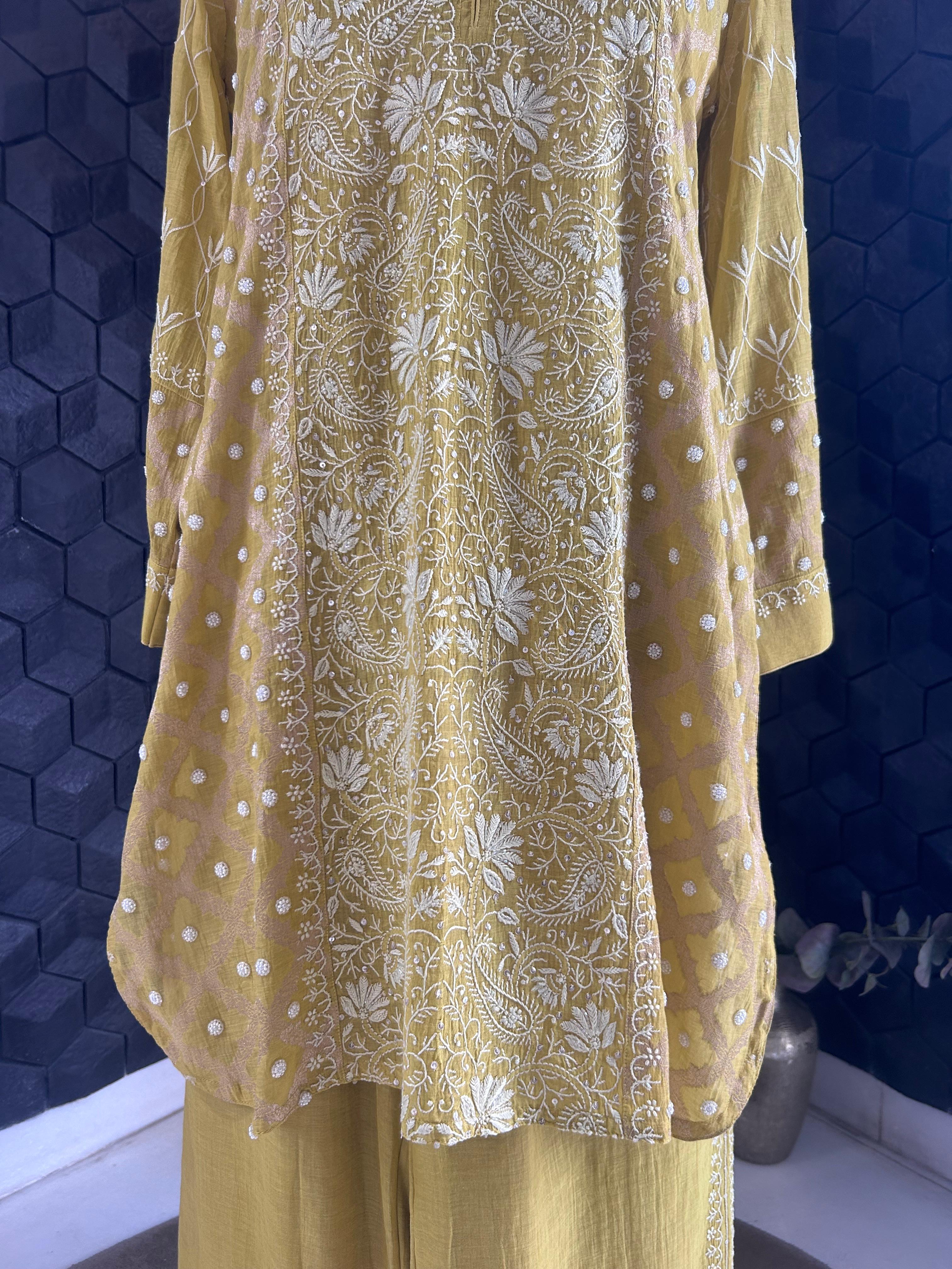 Lime Green Golden Tissue Chikankari Co-ord Set