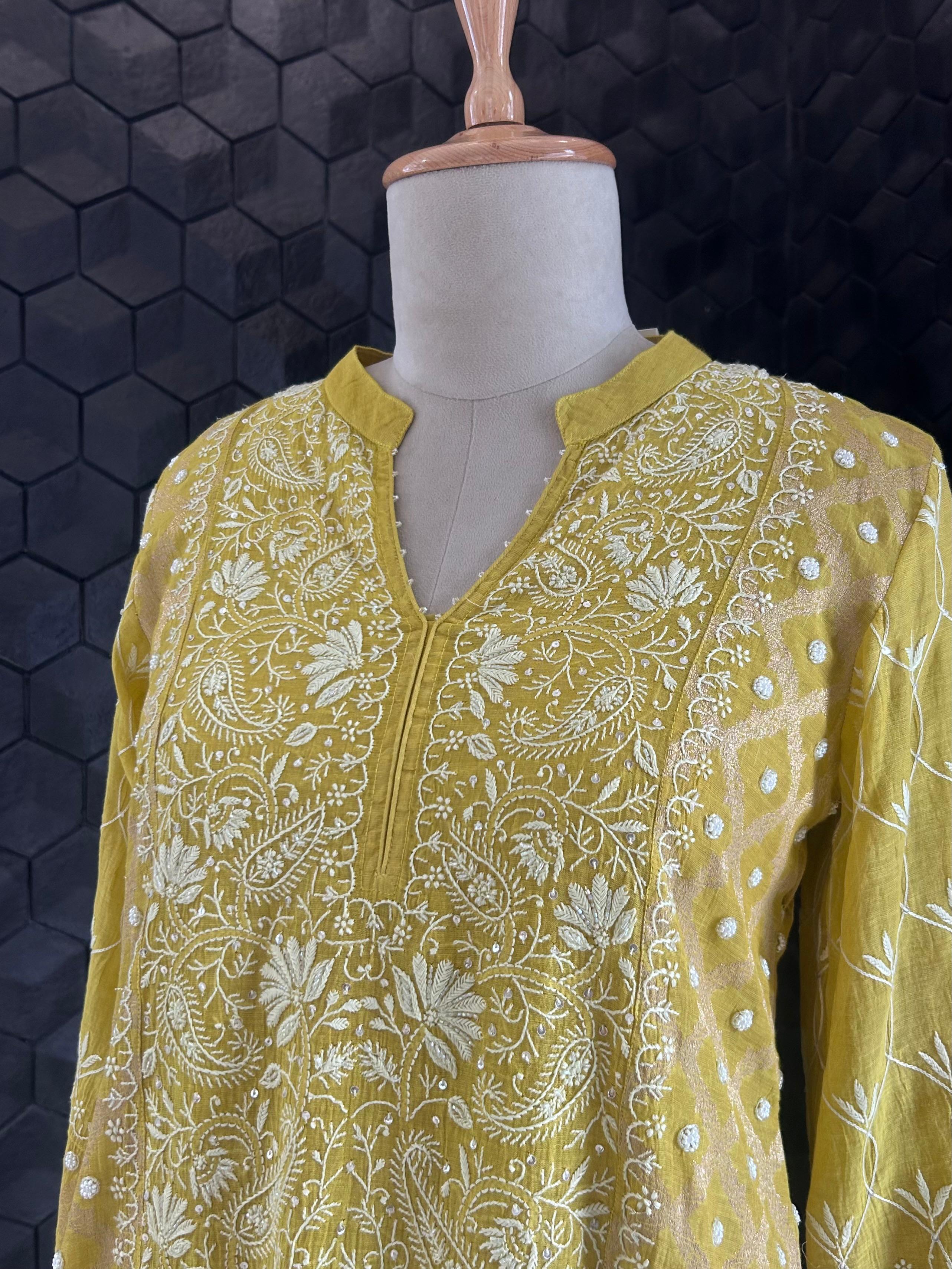 Lime Green Golden Tissue Chikankari Co-ord Set