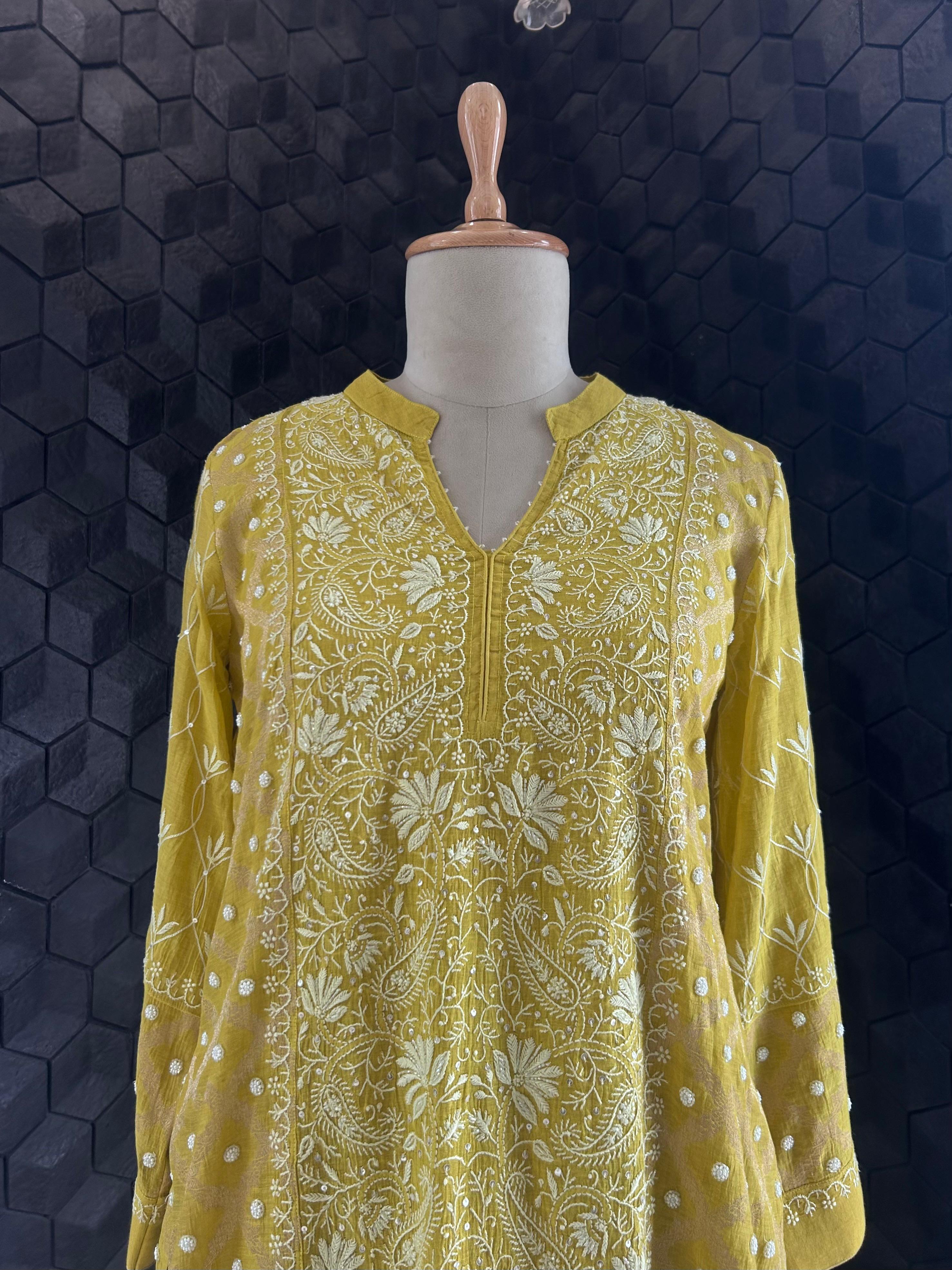 Lime Green Golden Tissue Chikankari Co-ord Set